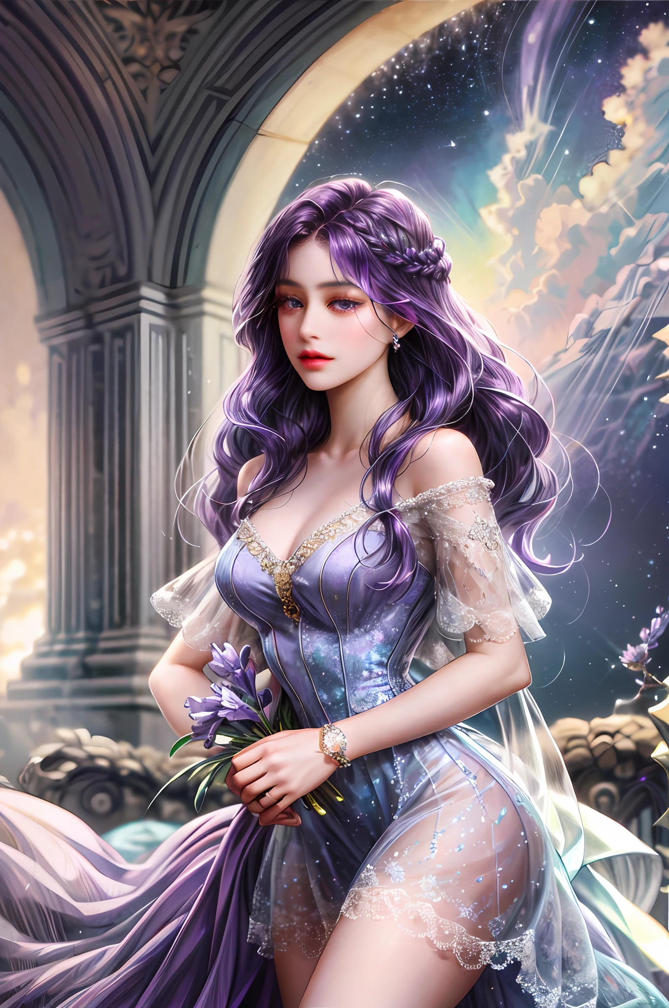 ( High quality , ultra detailed to hand )Zodiac sign-scorpio goddess , similar to latin goodness , cute but sexy and brave face , Emotional, determined, inquisitive, industrious style . deep purple hair , long wavy hair , crystal purple eyes , transparent dress , in the ocean with lavenders , whole body , dark make up look ,