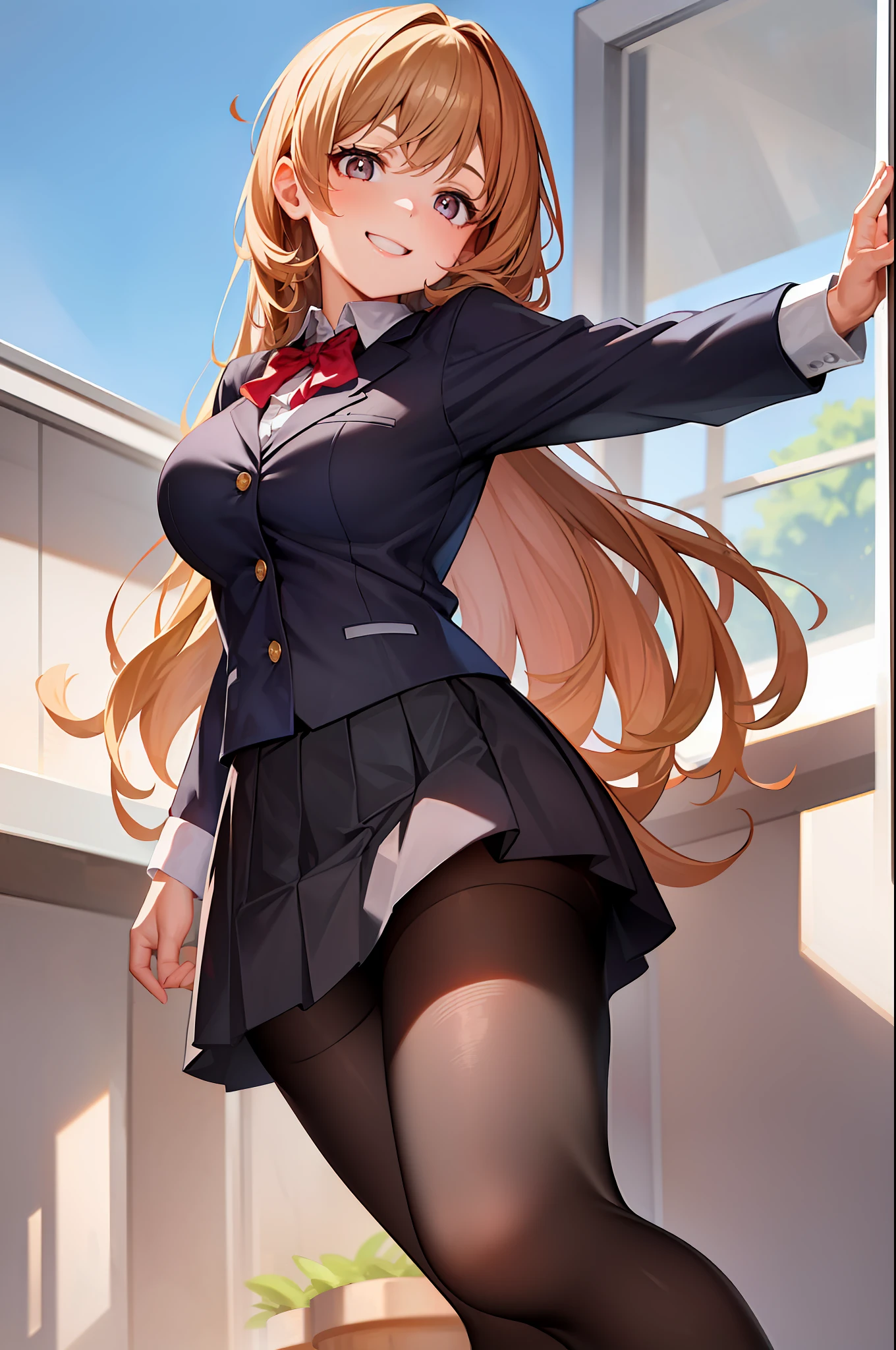 1girl, double v, smile, breasts, school uniform, absurdly long hair, brown hair, curly hair, hazel eyes,
standing, from below,
