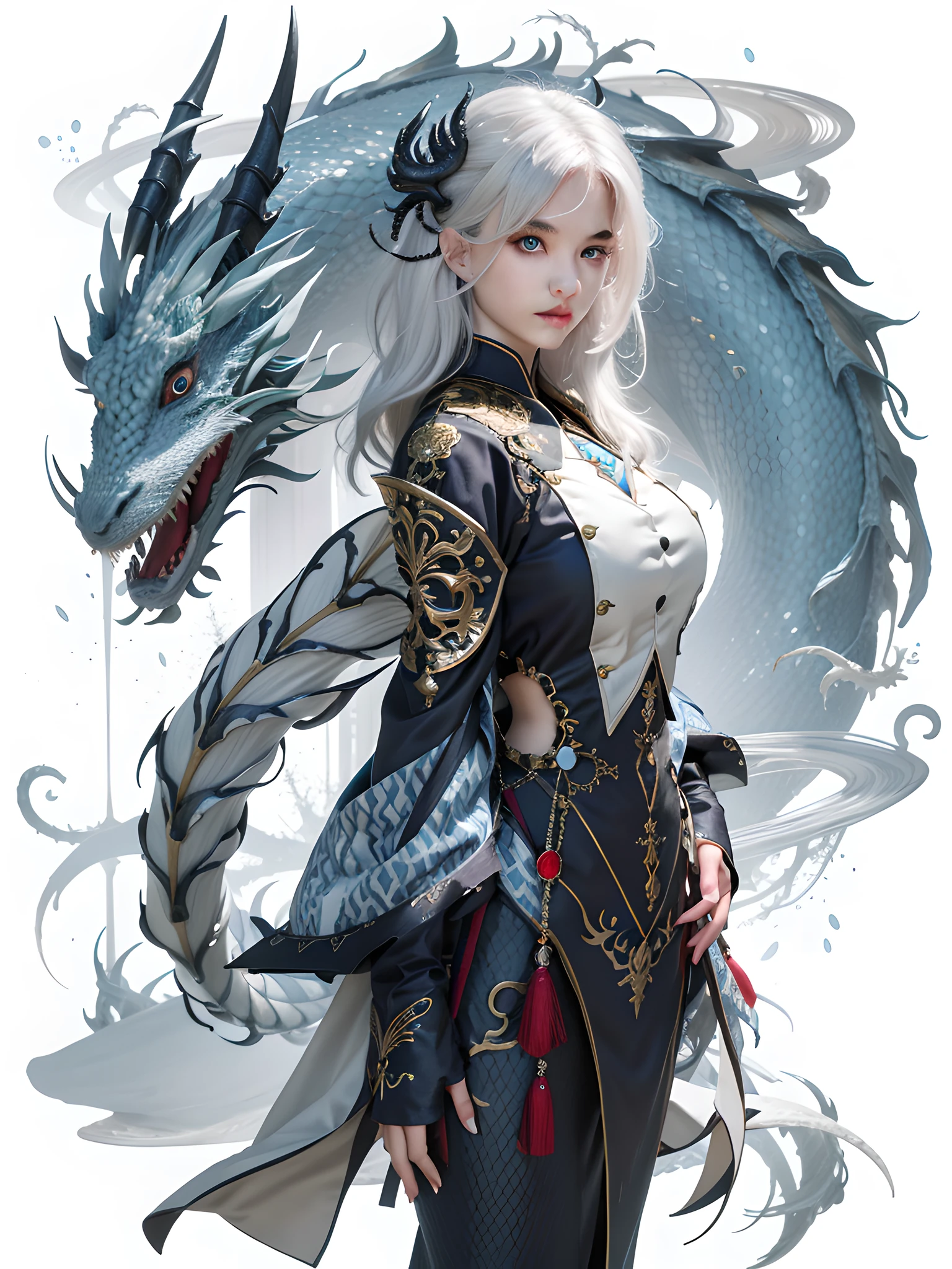 best quality, masterpiece, ultra high res, (photorealistic:1.2), 1girl, (detailed face:1.2), (detailed eyes:1.2), (detailed hair:1.2), (detailed clothes:1.2), 4k, , hair ornament, white hair, blue eyes, dragon,