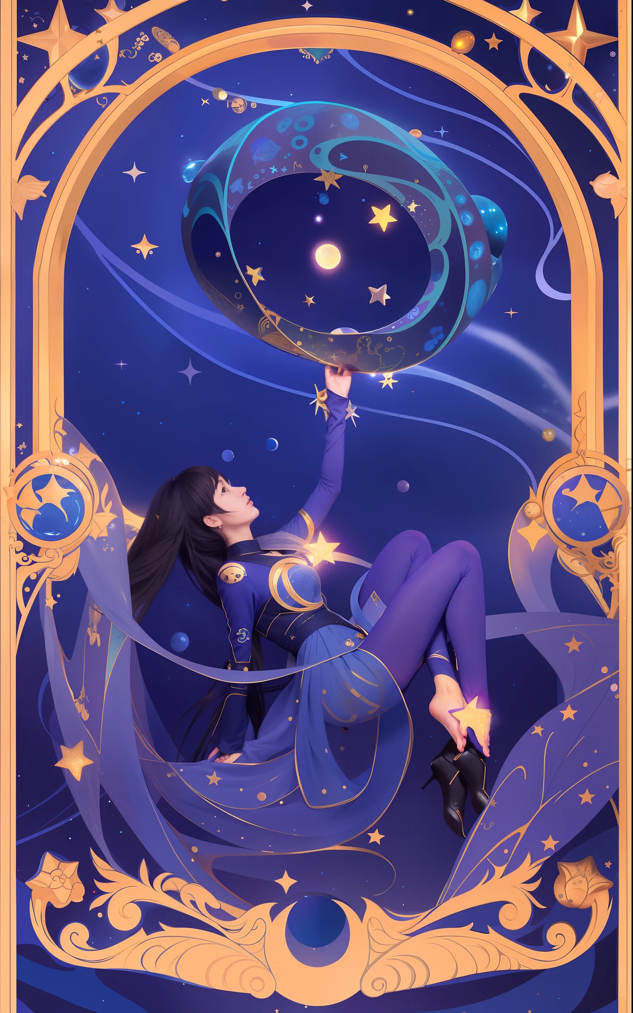 Anime character framed with starry sky background, anime Art Nouveau space display, official fan art like tarot card, [tarot card]!!!!!, Jen Barthel, Celestial Witch, Secret Art Style, Beautiful Celestial Mage, Goddess of Space and Time, Official Art, Star Tarot Card, Art Nouveau Anime, Floating in Space, There Is a Woman Who Drowns in Water, Anime Modern Space Display,  like Tarot Card, Major Arcana Mason Star, Beautiful Water Magician, Star Tarot Card, Secret Art Style, [Tarot Card]!!!!!, Water Witch, Tarot Card Art, Tarot Card Design, Mona, Genshin Impact, Magic Circle, Magic Circle, Writing, Girl Reaches for Circle, Tone T Girl in Water, Girl Holding Star, Water with Stars, Cosmic Water, Fish, Space Fish, Mysterious Atmosphere,  Jellyfish Sanctuary Virgo, Moon Goddess, Ocean Goddess, Medusa Priestess, Anime Goddess, Jellyfish Temple Virgo 8k like tarot card, girl holding the moon, golden frame in front, moon behind girl, waves, girl standing in waves, fog behind girl, city in the background, flat style, lot of details, sinks, falls, back down, profile, stars, waves, space