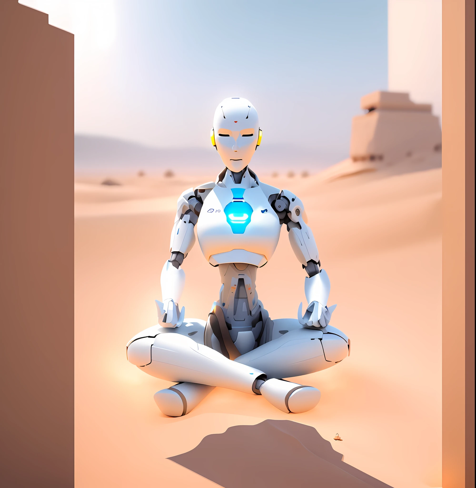 Zen Meditation Robot, Robot Meditation in the Desert, Male Robot, Robot Closed Eyes Meditation, Ground Desert, Zen, Ethereal, Background Dune, Background Bokeh, 8K, Masterpiece, Best Quality, Vray Rendering, C4D, UE5 Engine, Background Bokeh, Large Aperture Photography