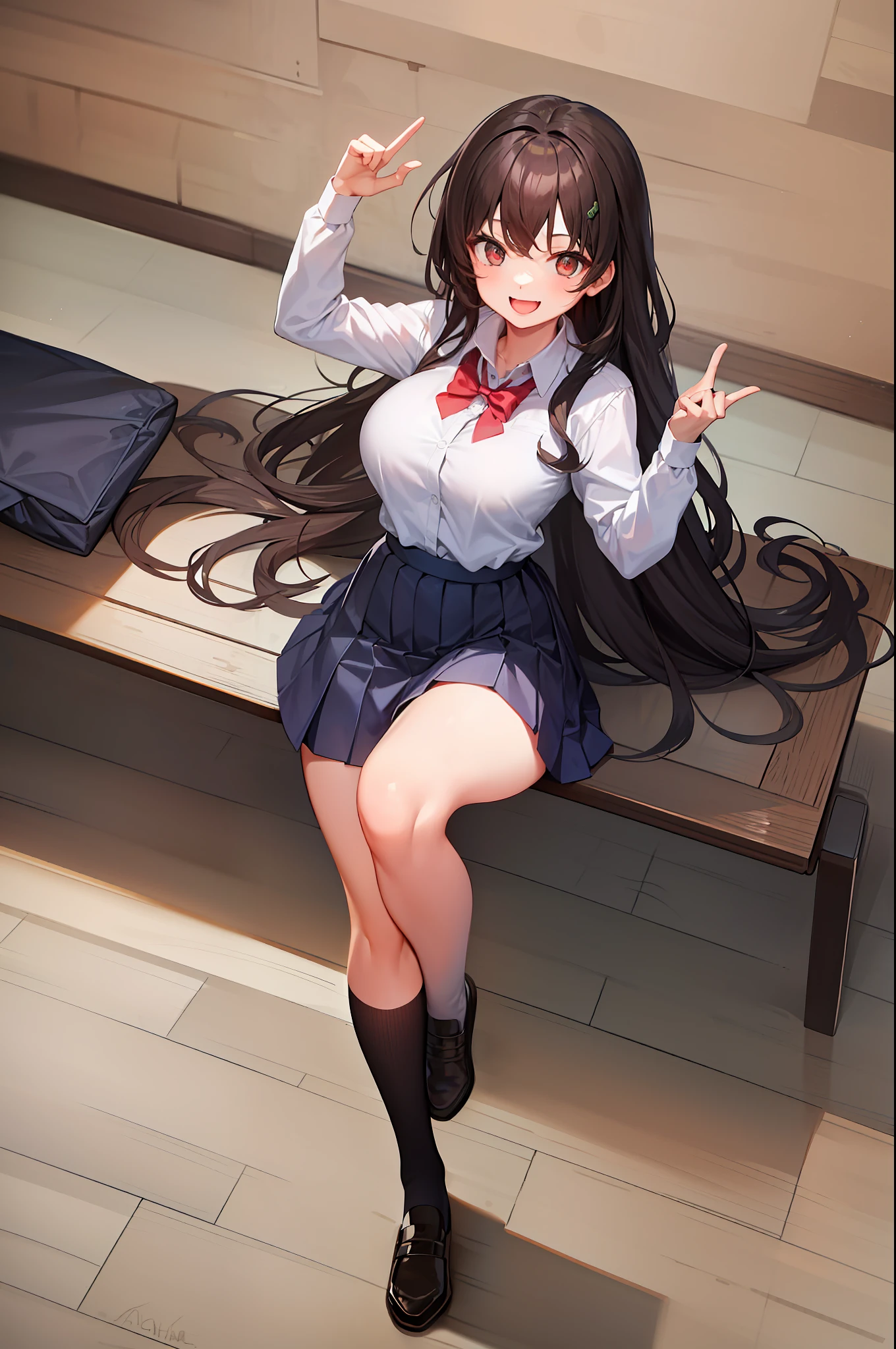 1girl, double v, smile, breasts, school uniform, absurdly long hair, brown hair, curly hair, hazel eyes,
standing, from below,