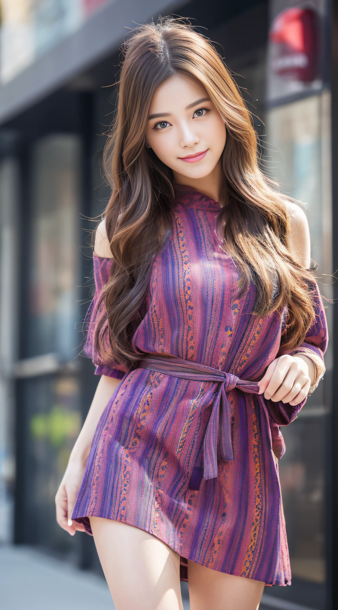 ((Top Quality, 8k, Masterpiece: 1.3)), 1 Girl, Smile, ((Full Body: 1.3)), Chilarism, Innocent Pose, 360 degree free shooting capturing the whole body, Slim face, Beautiful woman, Free hairstyle, (Free hair color), Tunic of free color: 1.1, Tunic above the knee, Simple pattern, Fashionable mule, Ultra detailed face, Fine eyes, Double eyelids, Blurred background, Slim face, City, Outside, Street
