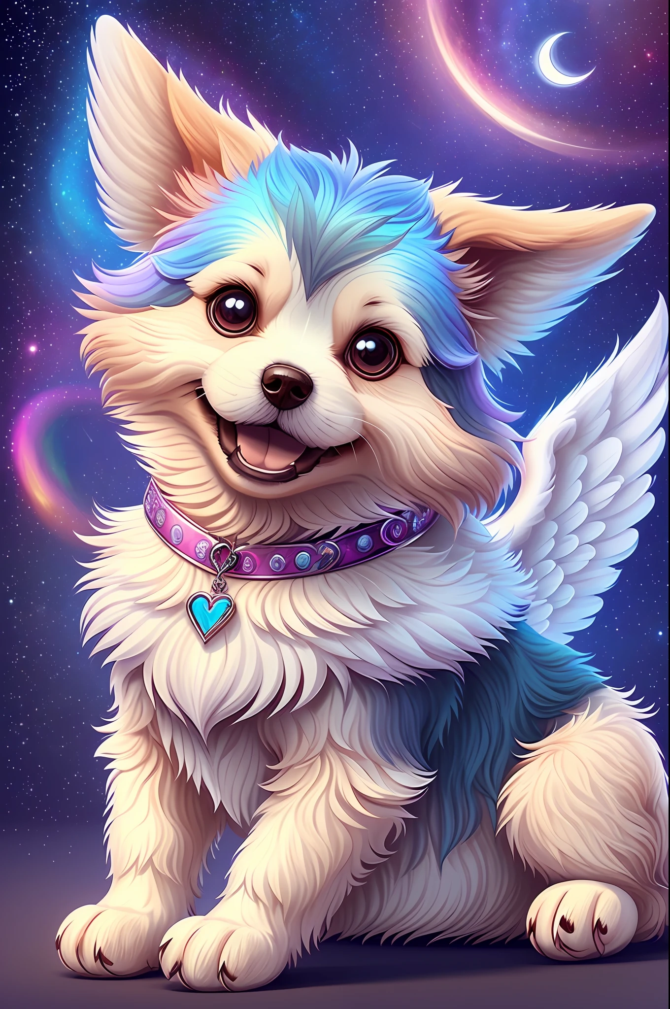 a cute dog with angel wings, smiling, happy, 3d cartoon style, HD, ultra realistic, digital illustration, artstation, digital illustration, artstation, night scenery with several beautiful stars, vivid colors, HD - --auto --s2