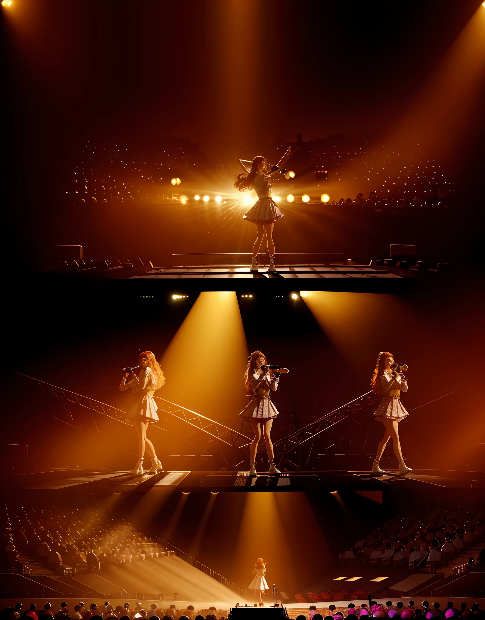 (masterpiece), idol stage, 5girls singing on stage with microphone, crowds, intricate detail, straight view, wide angle,
