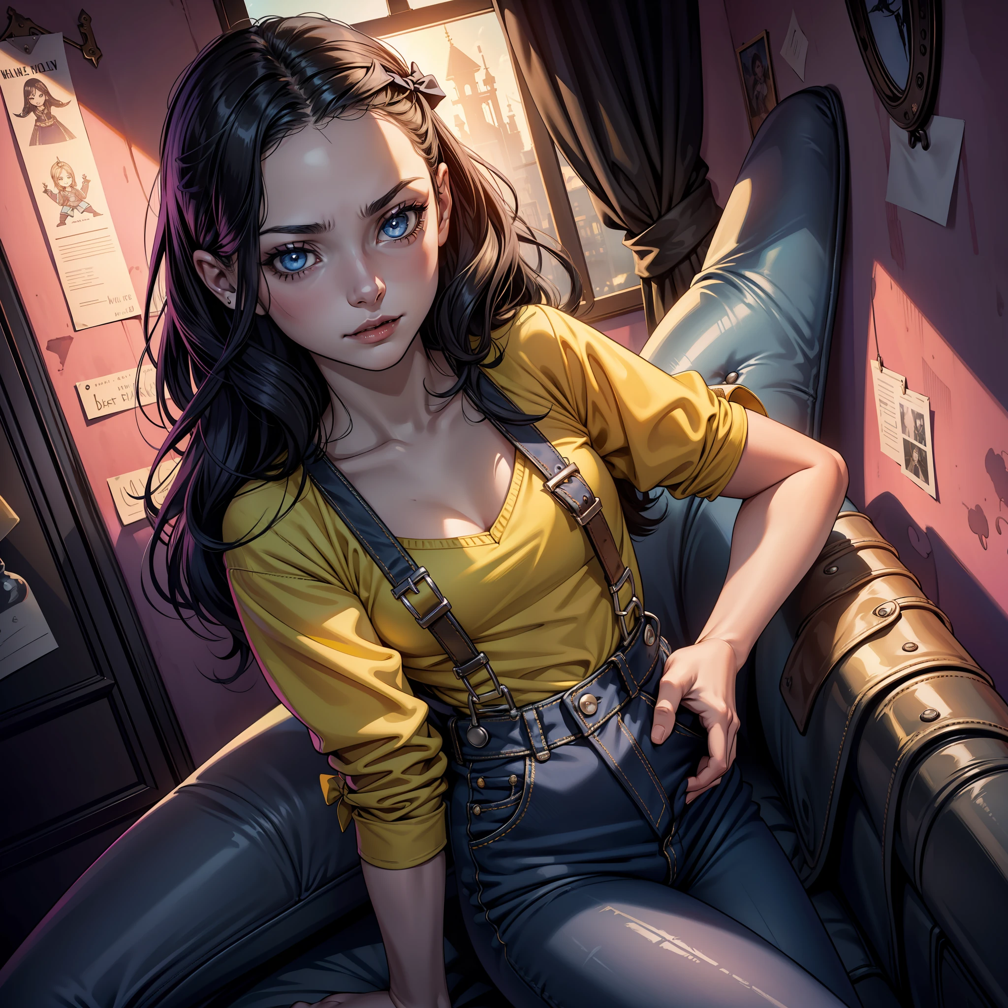 (extremely detailed 8k wallpaper), dark theme, Vampire the Masquerade, modern horror, 2020s, 12-year-old girl child, wearing jeans overalls with yellow shirt, yellow bow on head, sharp focus, (subsurface scattering:1.1), award-winning photograph, centered face, half-body photo:1.1, long black hair, blue eyes:1.2, childlike expression, in a child's room with pink walls and unicorn drawings on the walls,  dramatic lighting