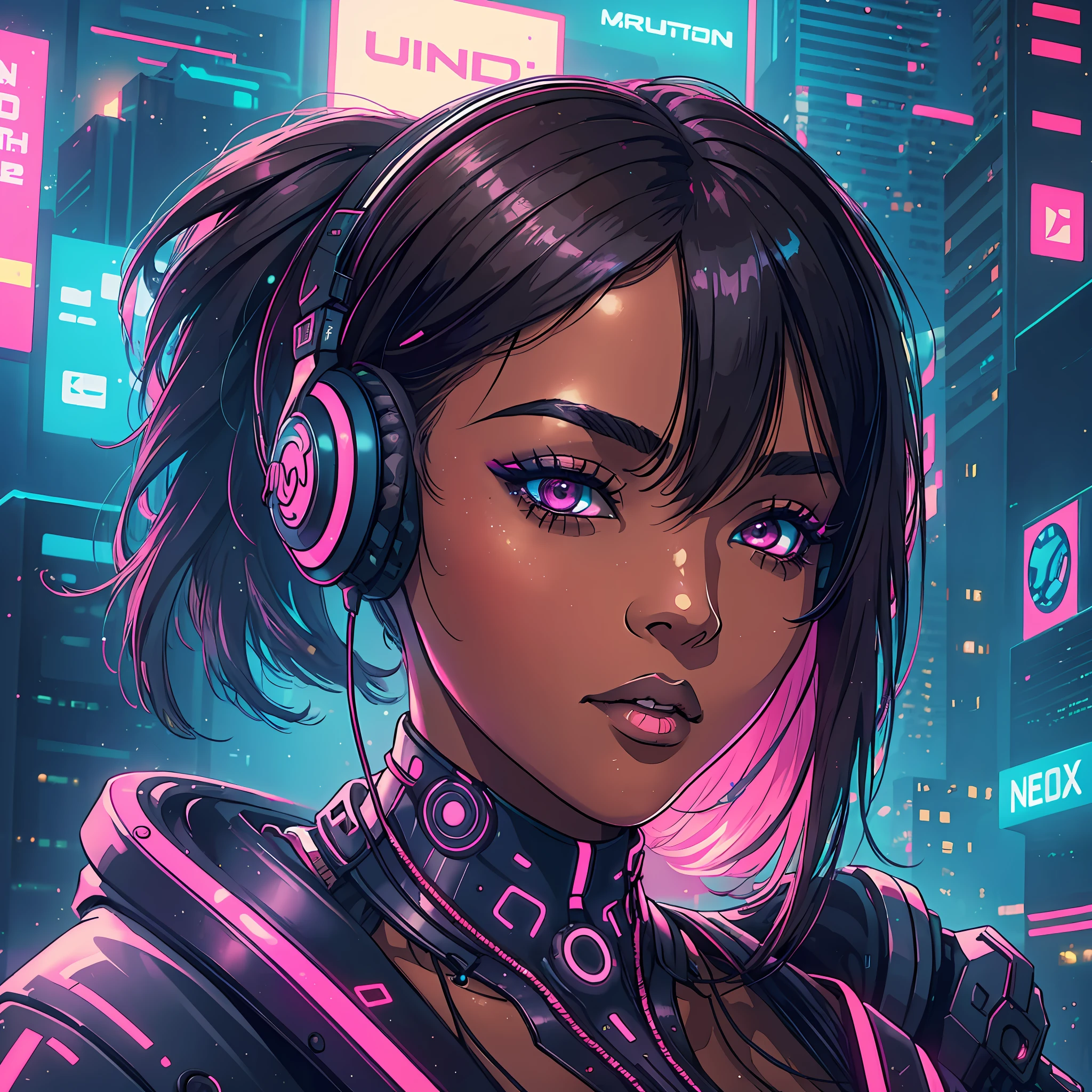 (a young woman:1.2)| (a girl:1.1), dark skin, portrait, makeup, super detailed, cyberpunk style, headset, neon, futuristic city, direct look, contoured.