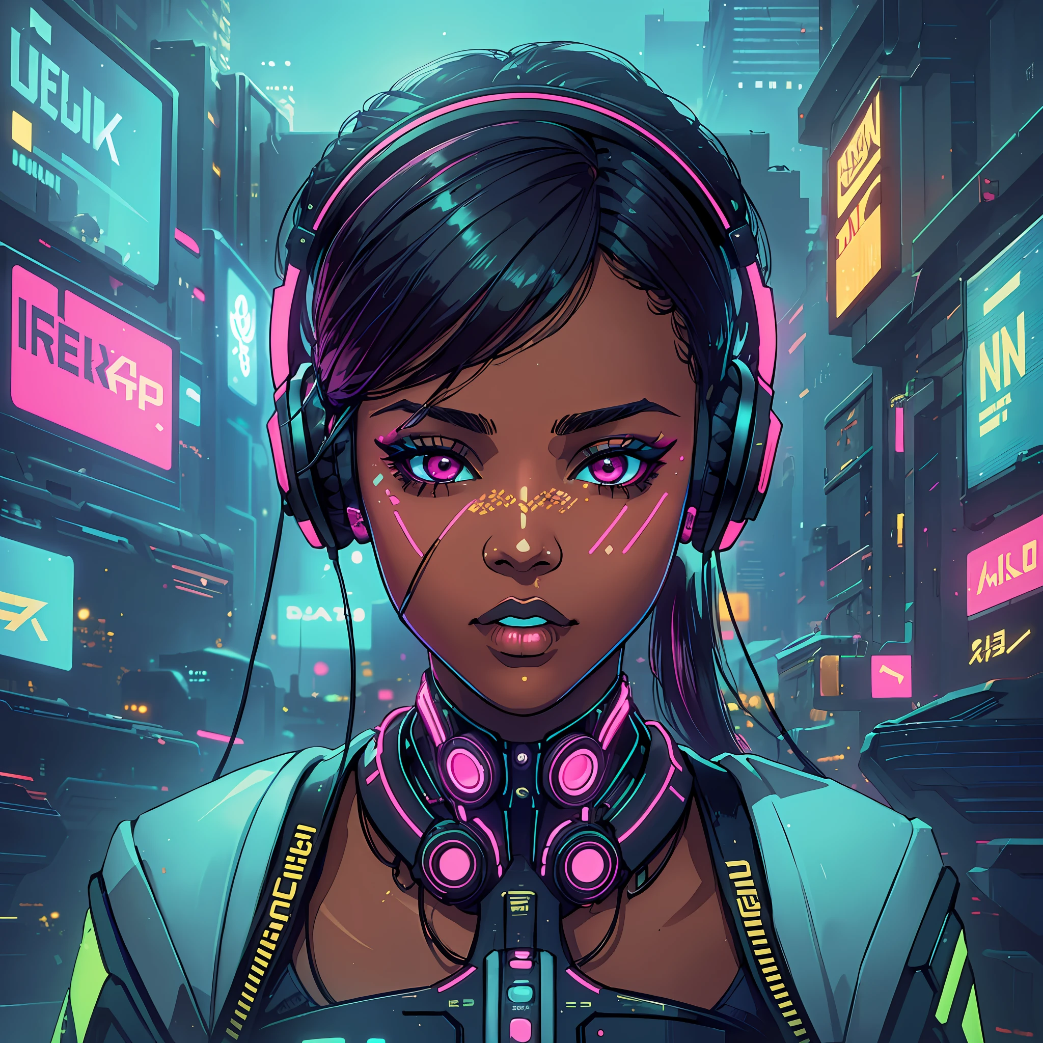 (a young woman:1.2)| (a girl:1.1), dark skin, portrait, makeup, super detailed, cyberpunk style, headset, neon, futuristic city, direct look, contoured.
