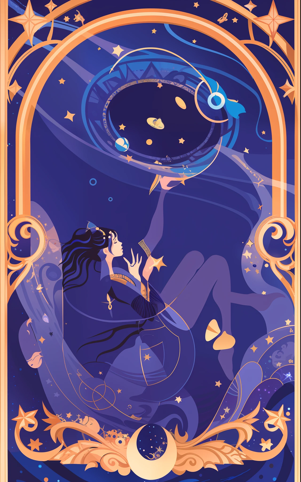 Anime character framed with starry sky background, anime Art Nouveau space display, official fan art like tarot card, [tarot card]!!!!!, Jen Barthel, Celestial Witch, Secret Art Style, Beautiful Celestial Mage, Goddess of Space and Time, Official Art, Star Tarot Card, Art Nouveau Anime, Floating in Space, There Is a Woman Who Drowns in Water, Anime Modern Space Display,  like Tarot Card, Major Arcana Mason Star, Beautiful Water Magician, Star Tarot Card, Secret Art Style, [Tarot Card]!!!!!, Water Witch, Tarot Card Art, Tarot Card Design, Mona, Genshin Impact, Magic Circle, Magic Circle, Writing, Girl Reaches for Circle, Tone T Girl in Water, Girl Holding Star, Water with Stars, Cosmic Water, Fish, Space Fish, Mysterious Atmosphere,  Jellyfish Sanctuary Virgo, Moon Goddess, Ocean Goddess, Medusa Priestess, Anime Goddess, Jellyfish Temple Virgo 8k like tarot card, girl holding the moon, golden frame in front, moon behind girl, waves, girl standing in waves, fog behind girl, city in the background, flat style, lot of details, sinks, falls, back down, profile, stars, waves, space