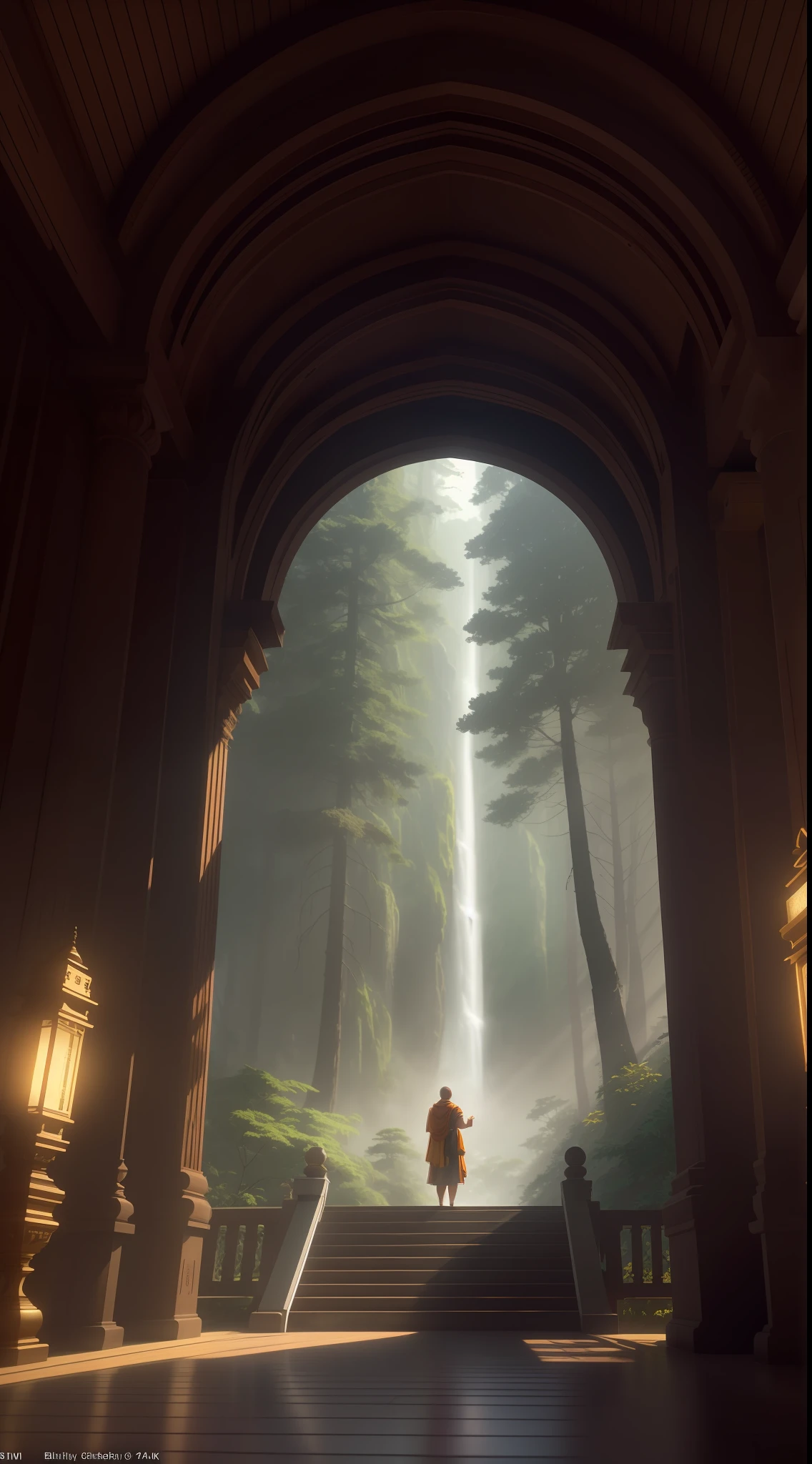 a monk is meditating, wearing a white robe in the temple, the temple is in the forest, raw photo, surreal photo, unreal engine 4, 8k, super sharp, detailed colors, wide color coverage , extreme scene detail, shading, anti-aliasing, error detail smoothing,raw photo, surreal image, unreal engine 4, 8k, super sharp, detailed colors, wide color coverage, extremely high scene detail, shading, anti-aliasing, error detail smoothing, raw photo, surreal photo, unreal engine 4.8k, super sharp, detailed color, wide color coverage, scene detail extremely tall object , (8k, RAW photo, best quality, masterpiece:1.2), (realistic, photo-realistic:1.37),modelshoot style, (extremely detailed CG unity 8k wallpaper),professional majestic oil painting by Ed Blinkey, Atey Ghailan, Studio Ghibli, by Jeremy Mann, Greg Manchess, Antonio Moro, trending on ArtStation, trending on CGSociety, Intricate, High Detail, Sharp focus, dramatic, photorealistic painting art by midjourney and greg rutkowski, scene detail extreme objects, shading, anti-aliasing, error detail smoothing