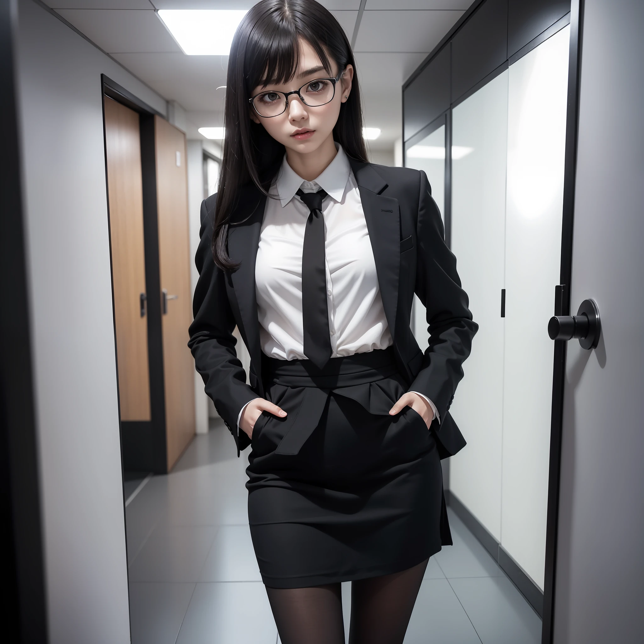 (Absolutely One Woman),(One Girl),Alone,Solo,Standing,Knees Spread,Raw Photo, Candid, Narrow Eyes,Full Body,Black Pantyhose,Textured Skin,,Office Lady,Suit,Skirt,Bangs About Eyebrows,(Shotcut),Looking Viewer,Raw Photo,Pale Skin,Japan People, Glasses, Small, Young, Tall, Dark Expression, Bright Black Eyes, Anger, Slender Body, Medium Build, Small waist, wide thighs, photorealistic, best quality, 8K, masterpiece