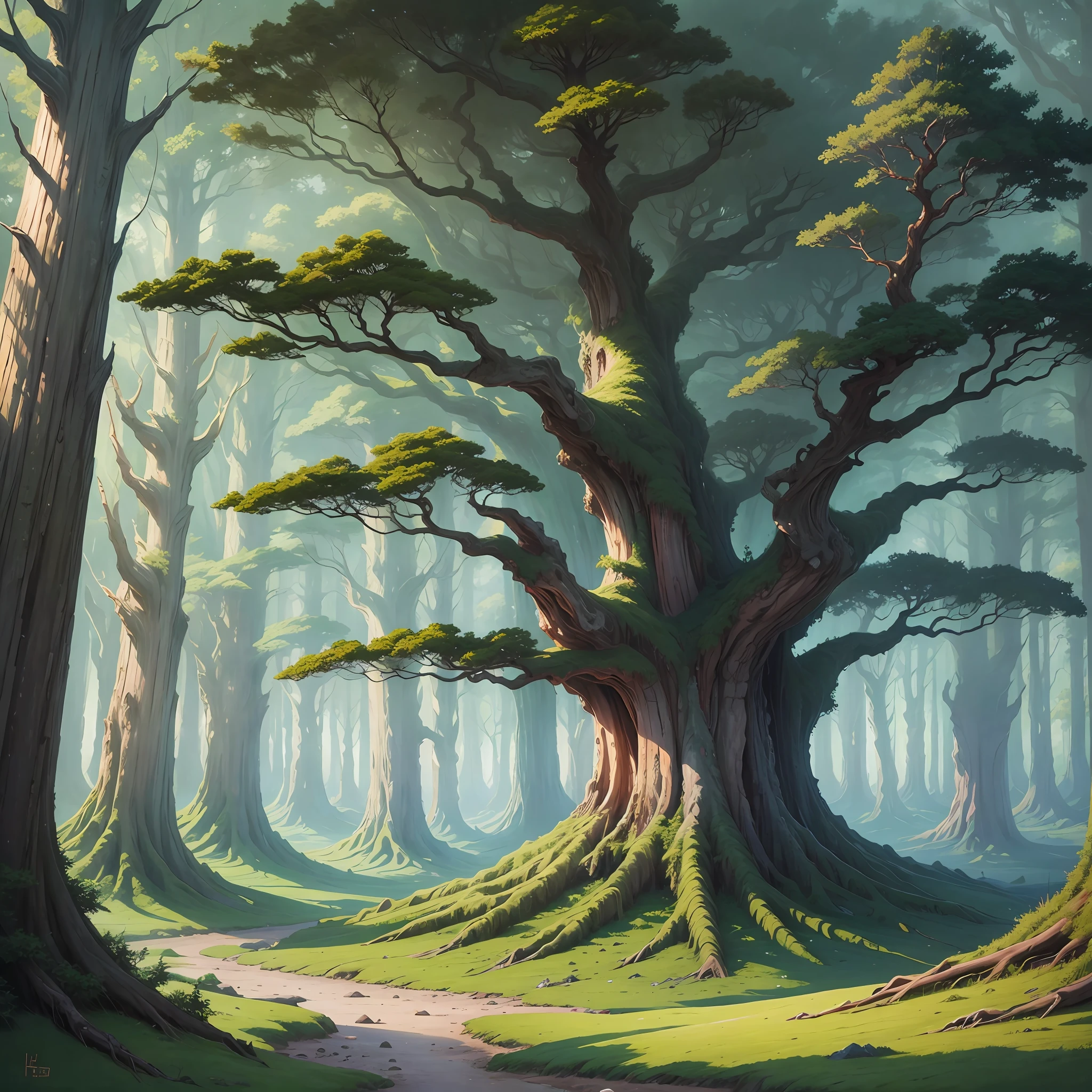 The stunning landscape of the ancient trees of FairyCreek, oil painted by Hayao Miyazaki --auto --s2
