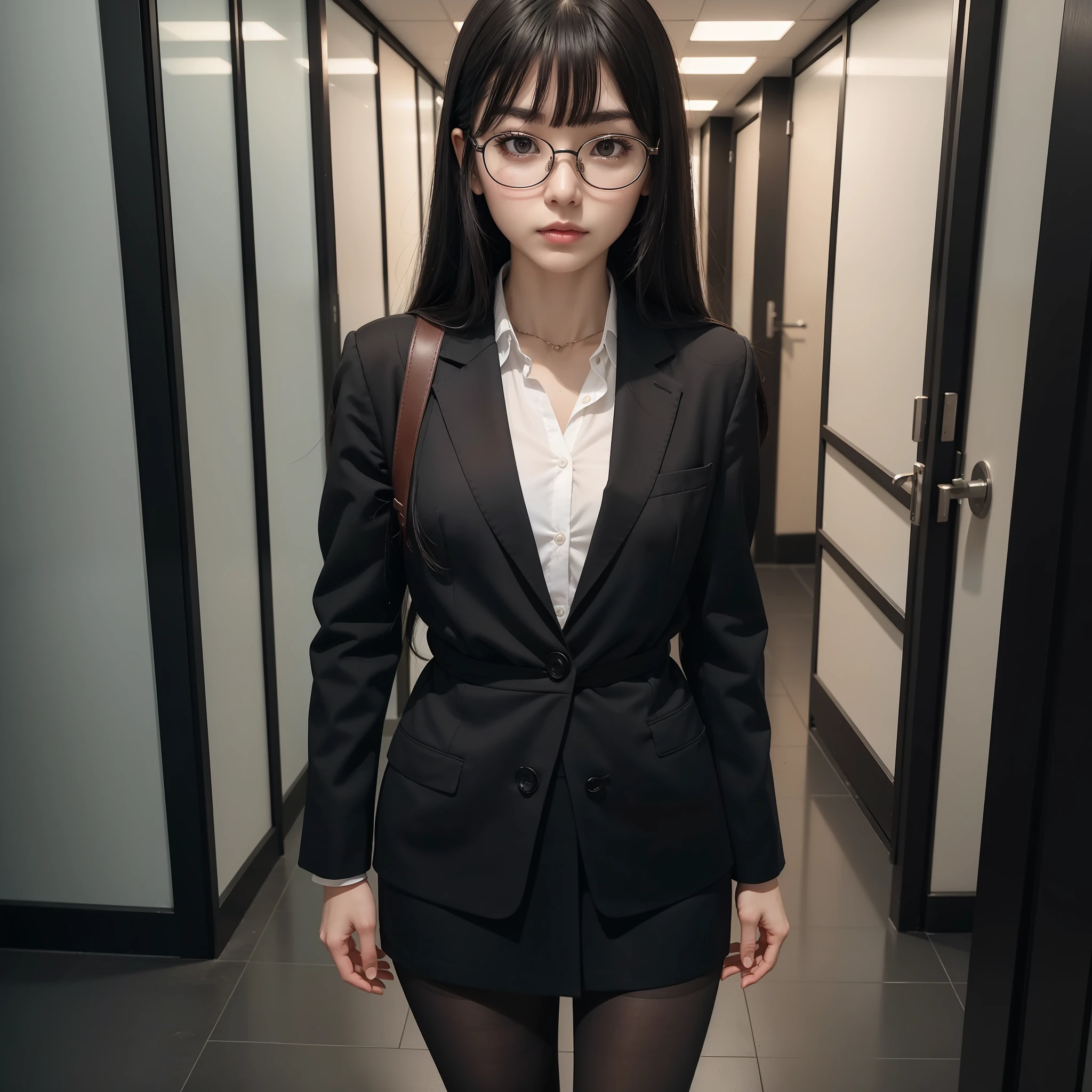 (Absolutely One Woman),(One Girl),Alone,Solo,Standing,Knees Spread,Raw Photo, Candid, Narrow Eyes,Full Body,Black Pantyhose,Textured Skin,,Office Lady,Suit,Skirt,Bangs About Eyebrows,(Shotcut),Looking Viewer,Raw Photo,Pale Skin,Japan People, Glasses, Small, Young, Tall, Dark Expression, Bright Black Eyes, Anger, Slender Body, Medium Build, Small waist, wide thighs, photorealistic, best quality, 8K, masterpiece