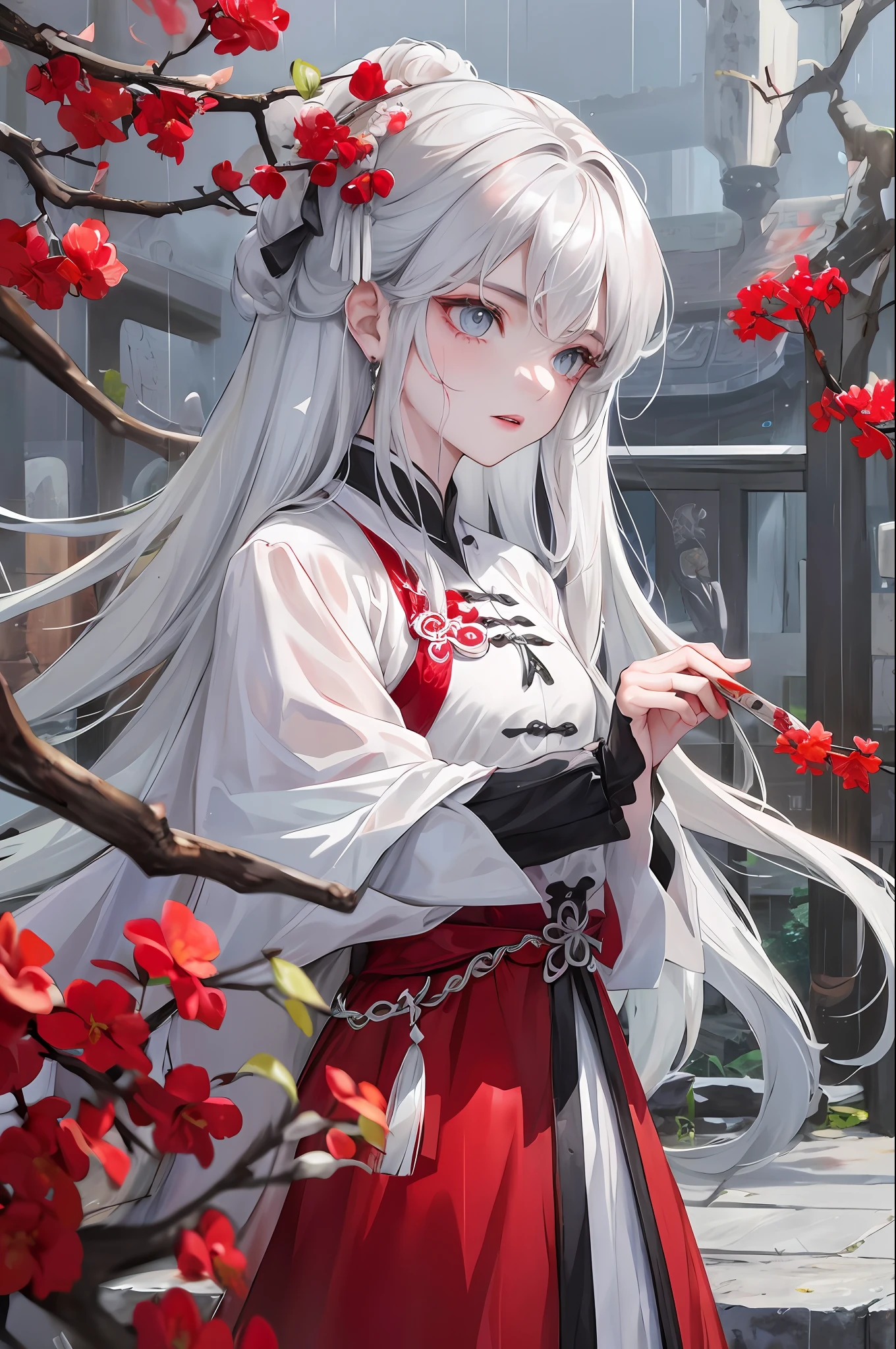 Masterpiece, Excellent, Night, Outdoor, Rainy Day, Branches, Chinese Style, Ancient China, 1 Woman, Mature Woman, Silver-White Long-Haired Woman, Gray-blue Eyes, Pale Pink Lips, Cold, Serious, Effeminate, Bangs, Assassin, Short Knife, White Clothes, Red Clothes Lines, Blood Stains, Blood, Blood, Wounds, Blood on Faces, Blood on Clothes, Rain, Fine Face, Fine Face,
