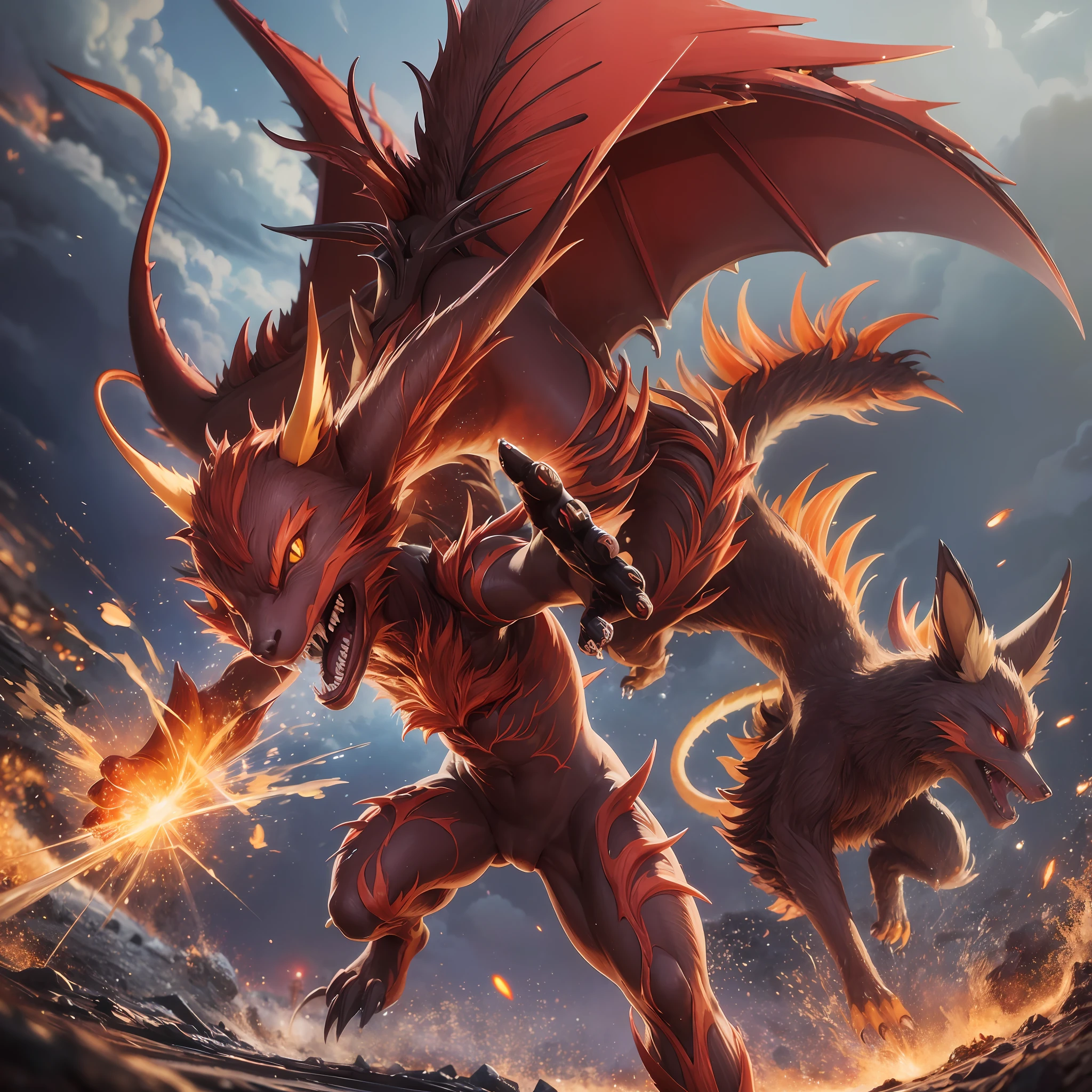 (extremely detailed and realistic), Renamon and Guilmon, digital painting, dynamic pose, action scene, fiery background, smoke, sharp claws, fierce expression, intense colors, glowing eyes. --auto --s2