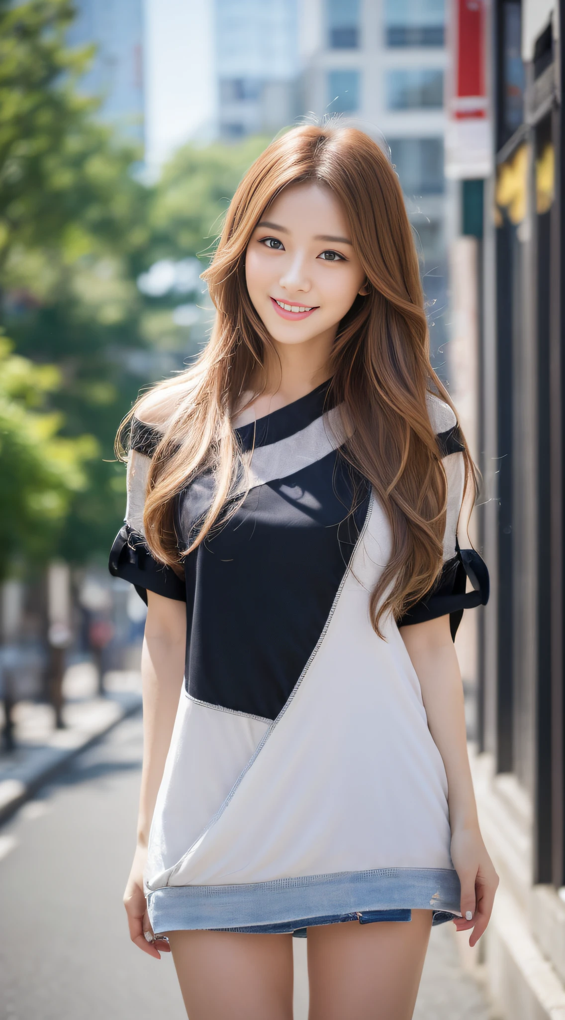 ((Top Quality, 8k, Masterpiece: 1.3)), 1 Girl, Smile, ((Full Body: 1.3)), Innocent Pose, 360 degree free shooting that captures the whole body, Slim face, Pretty woman, Free hairstyle, (Free hair color), Tunic of free color: 1.1, Tunic above the knee, Simple pattern, Fashionable mule, Ultra detailed face, Fine eyes, Double eyelids, Blurred background, Slim face, City, Outside, Street