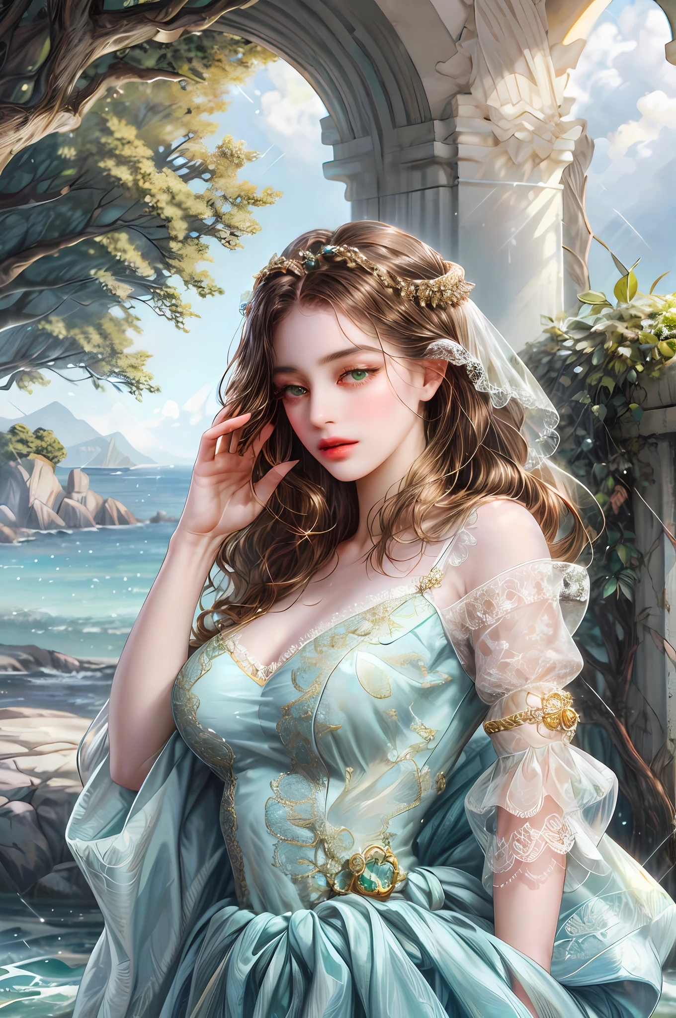 ( High quality , ultra detailed, careful with hand )Zodiac - Taurus goddess , similar to latin goodness , Practical, resourceful, confident, energetic, tidy face .Stubborn, unforgiving, excessive style . crystal greenish eyes ( eye detail ) , light brown hair , transparent dress , in the ocean with tree island , whole body , tidy make up look ,