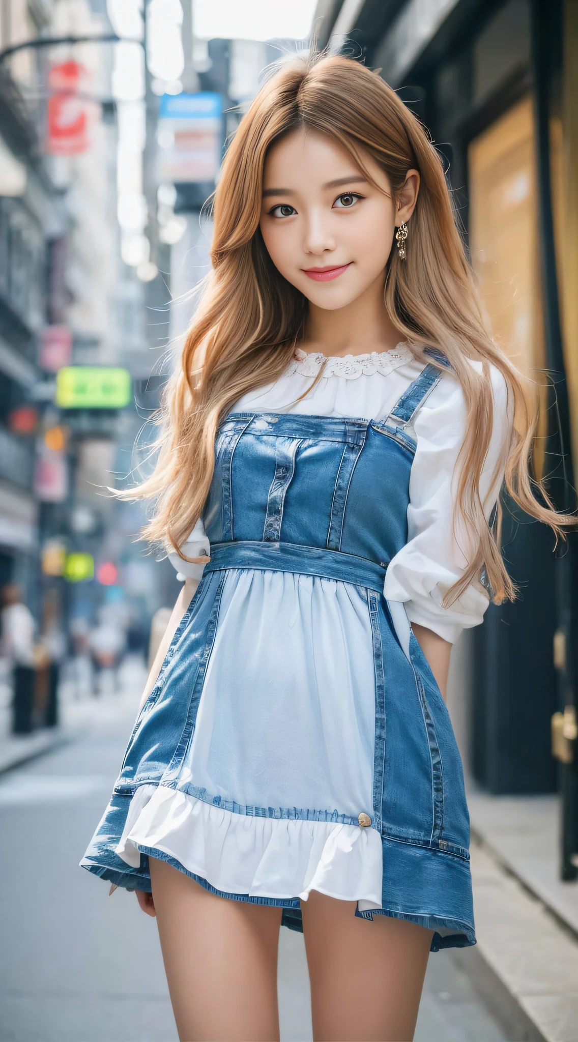 ((Top Quality, 8k, Masterpiece: 1.3)), 1 Girl, Smile, ((Full Body: 1.3)), Innocent Pose, 360 degree free shooting that captures the whole body, Slim face, Pretty woman, Free hairstyle, (Free hair color), Tunic of free color: 1.1, Tunic above the knee, Simple pattern, Fashionable mule, Ultra detailed face, Fine eyes, Double eyelids, Blurred background, Slim face, City, Outside, Street