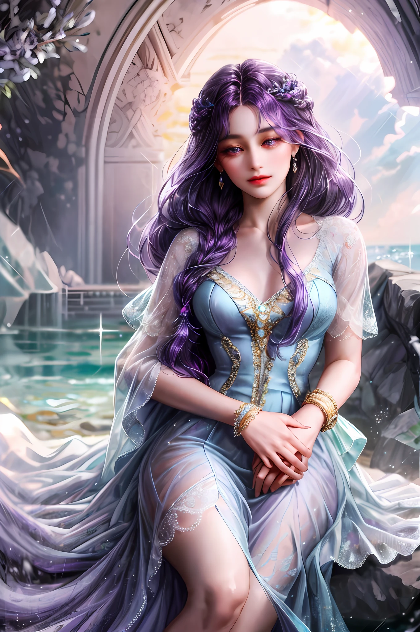 ( High quality , ultra detailed to hand )Zodiac sign-scorpio goddess , similar to latin goodness , cute but sexy and brave face , Emotional, determined, inquisitive, industrious style . deep purple hair , long wavy hair , crystal purple eyes , transparent dress , in the ocean with lavenders in light . whole body , dark make up look ,