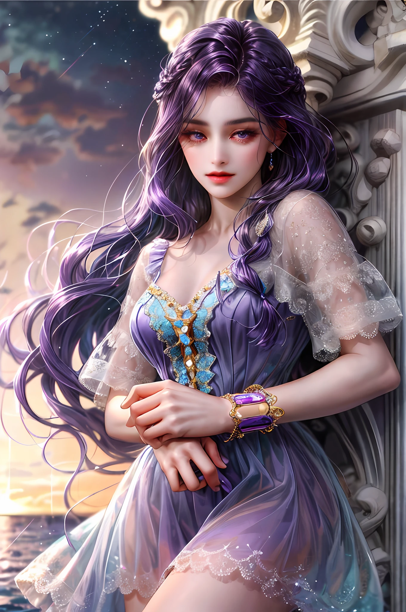 ( High quality , ultra detailed to hand )Zodiac sign-scorpio goddess , similar to latin goodness , cute but sexy and brave face , Emotional, determined, inquisitive, industrious style . deep purple hair , long wavy hair , crystal purple eyes , transparent dress , in the ocean with lavenders in light . whole body , dark make up look ,