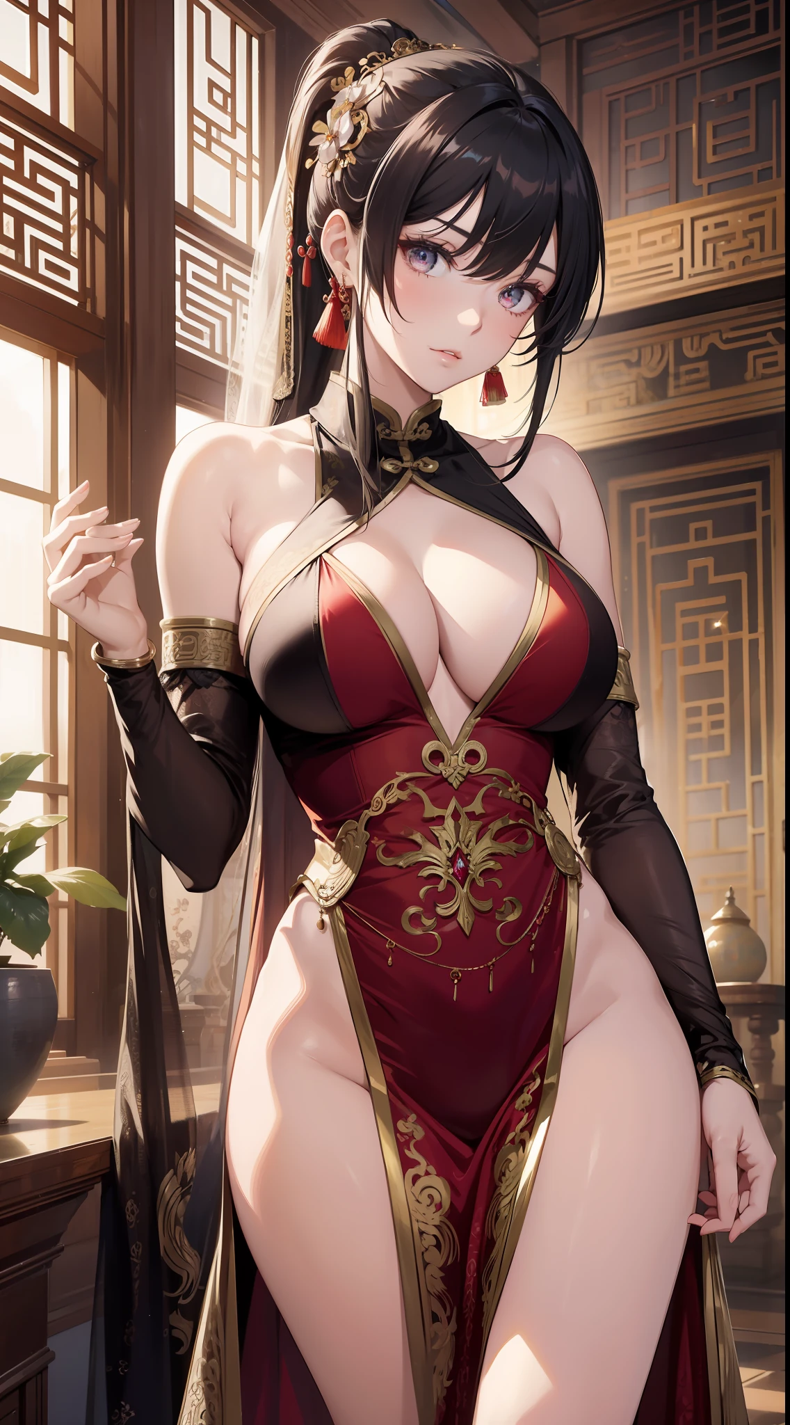 best quality, masterpiece, absurdres, low angle shot, Chinese fantasy, ancient Chinese mythology, 1girl, solo, eye candy, perfect female anatomy, super beautiful, elegant, sexy, detailed beautiful face, smooth skin, nice figure, nice proportions, sexy stunning body, detailed eyes, fine details, big boobs, cleavage, seductive, bare shoulders, long ponytail, bangs, sensual, attractive, wearing a luxurious seductive sexual sheer halter neck vibrant color party dress, deep plunging, translucent robes, jewelry, reflections, ultra fine details, , indoors, grand hall, luxurious, expensive, royalty, queen, figure in frame, cinematic