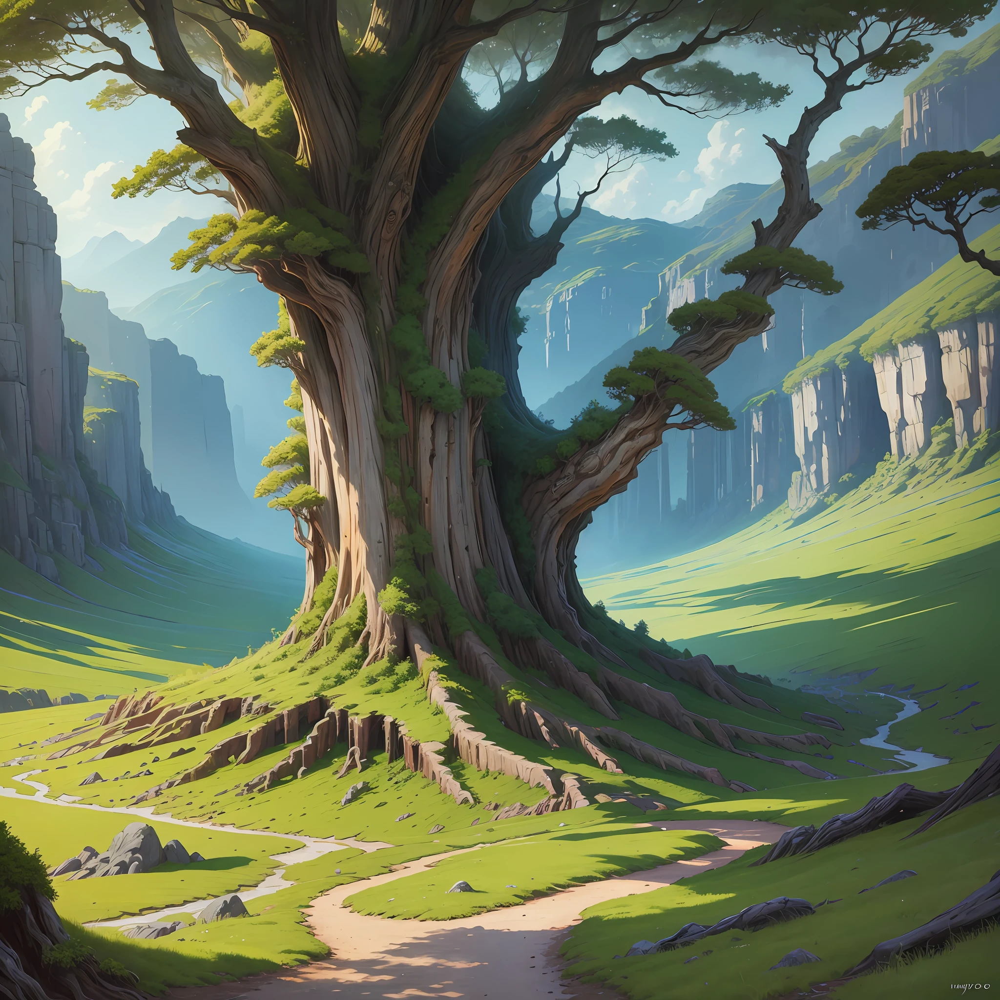 The stunning landscape of the ancient trees of FairyCreek, oil painted by Hayao Miyazaki --auto --s2