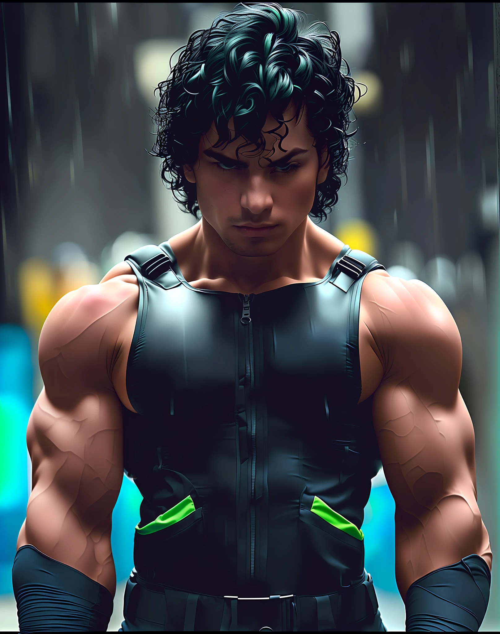 Details of the vest in green color.