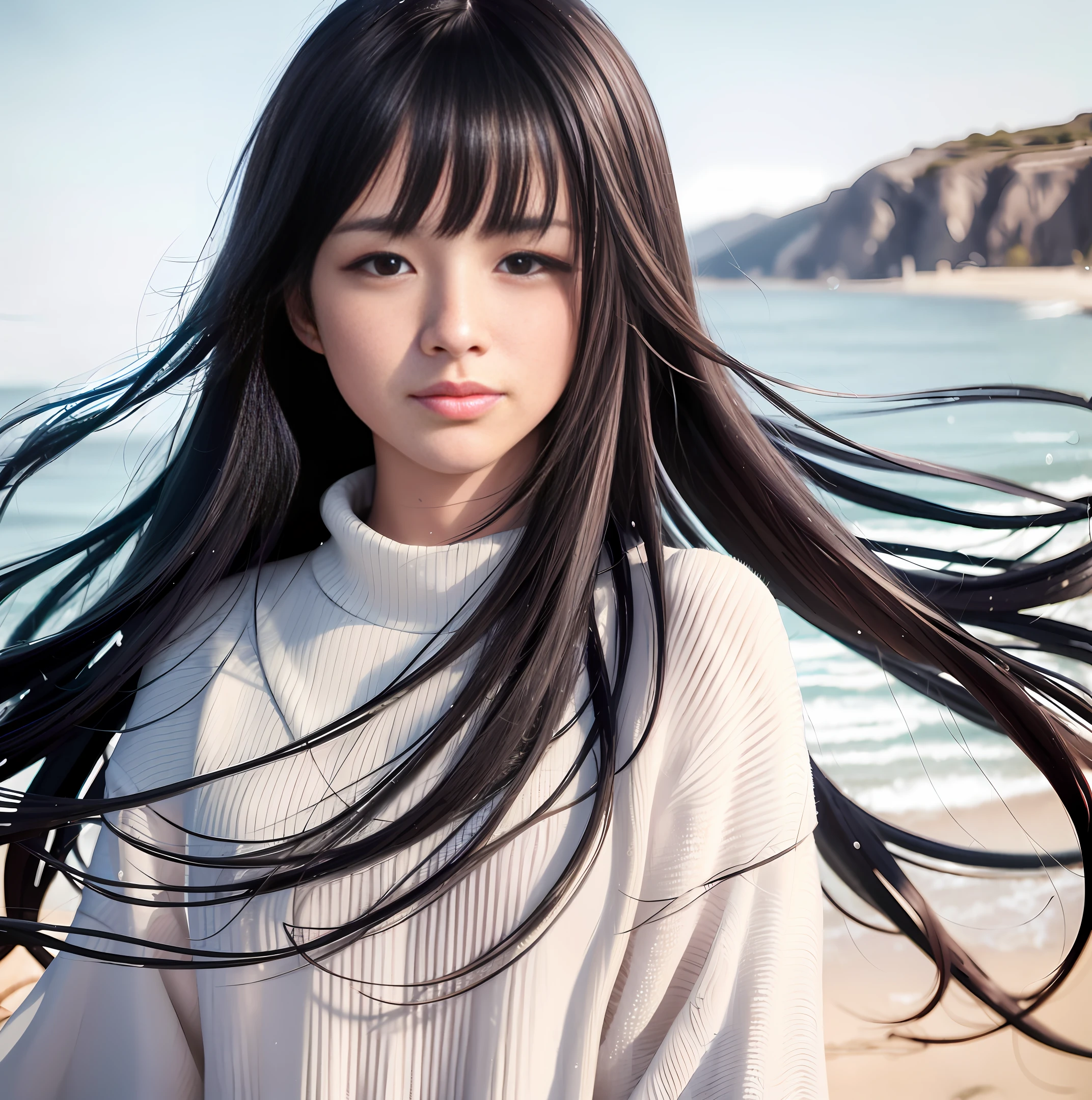 A beautiful Japanese woman with long, shiny black hair that is wet from diving into the water