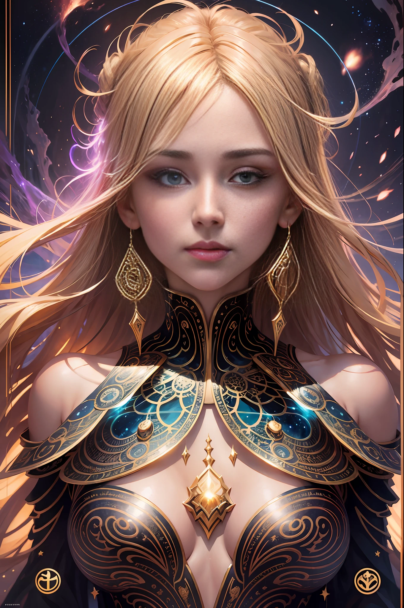 beautiful girl, blonde hair, portrait looking at the viewer in half-turns, slender body, spiral awakening, intricate details, cosmic, ethereal, mystical, complex environment, brushes, delicate shades, lighting lights, Greg Rutkowski, RHADS, Beeple, Makoto Shinkai, Lois van Baarle, Ilya Kuvshinov, Masterpiece, ultra-high resolution, high quality, Empress Tarot card