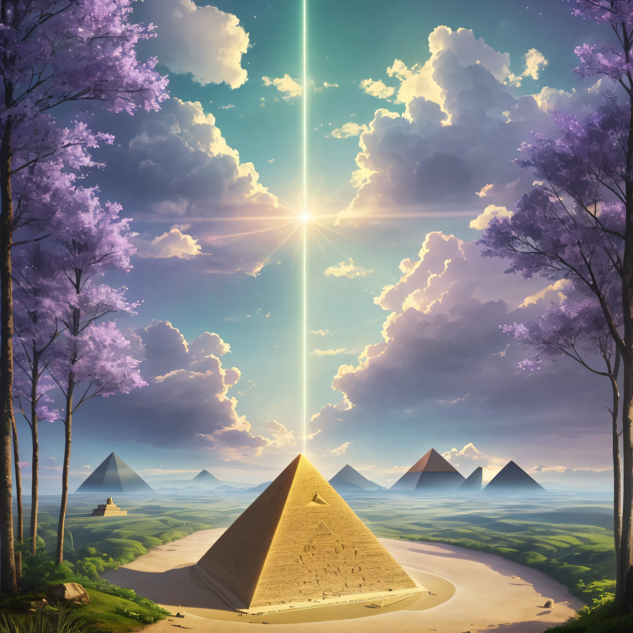 Evolved spiritual city, world of peace, the image shows a landscape with a single large Pyramid, with smooth faces without drawings and in the color of white alabaster, with the small cornerstone of the apex of the top in gold color. The pyramid is on the horizon amid a daytime landscape under the sunlight, horizon full of mountains, fog and green forest. Drawing of a thin tube of violet light, coming from the universe, vertically, touching the cornerstone --auto --s2