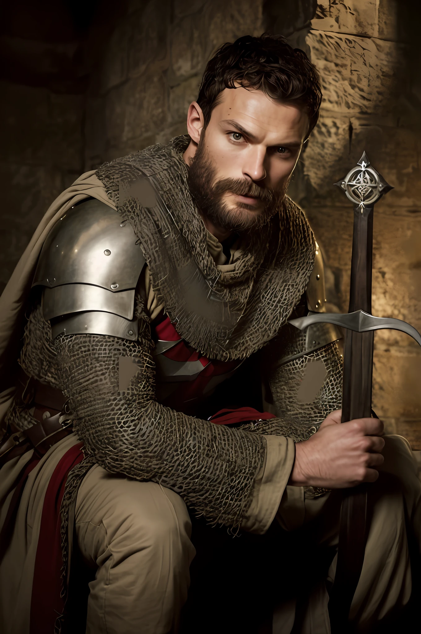 Templar, Using Viking armor, medieval, Knightfall series, dark short hair, focus on the details of the face, serious look looking at the center of the image, wearing tunic, dark beard, similar to actor Jamie Dornan, super detail-oriented, realistic, Jamie Dornan, Templar, blue eyes, cinematic style, Knightfall, 8k resolution, best quality, close up.
