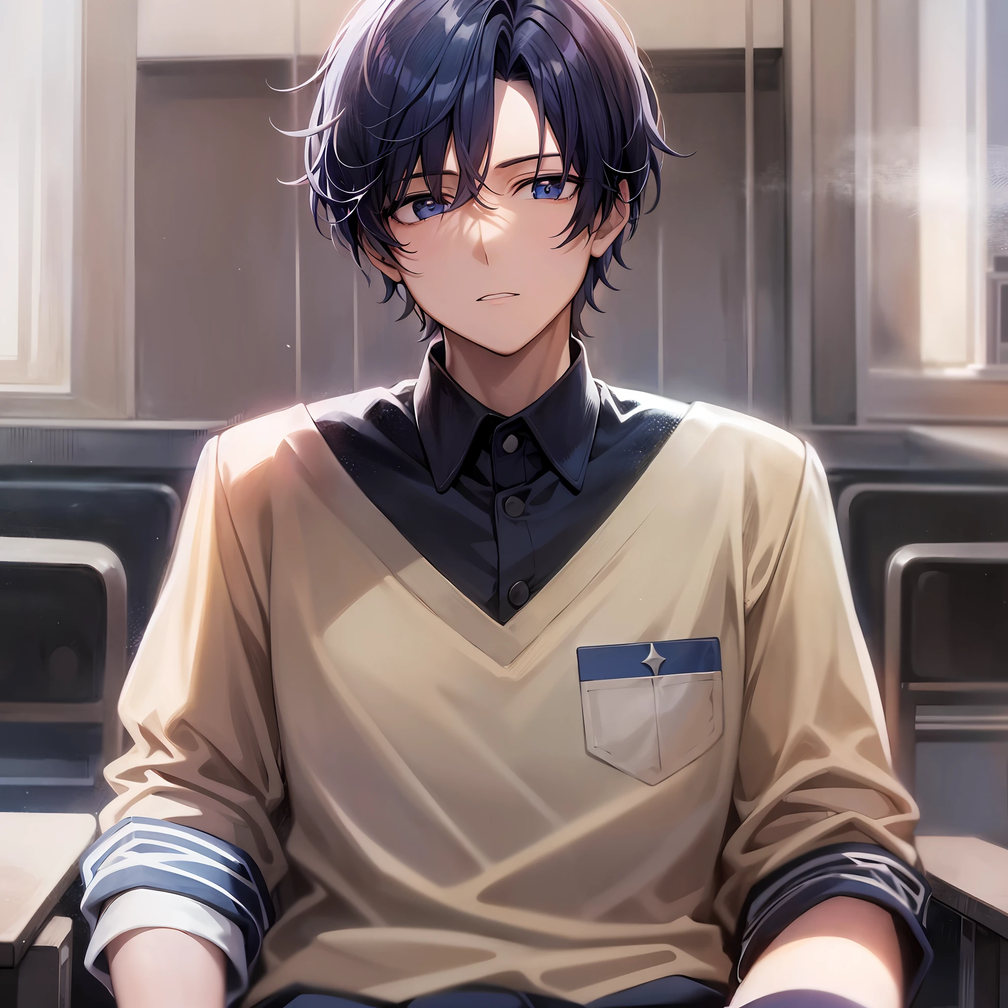 A man with short hair, wearing a school uniform, with a serious expression. He should be sitting in a classroom. His eyes should be dark blue, and his hair should be dark blue.