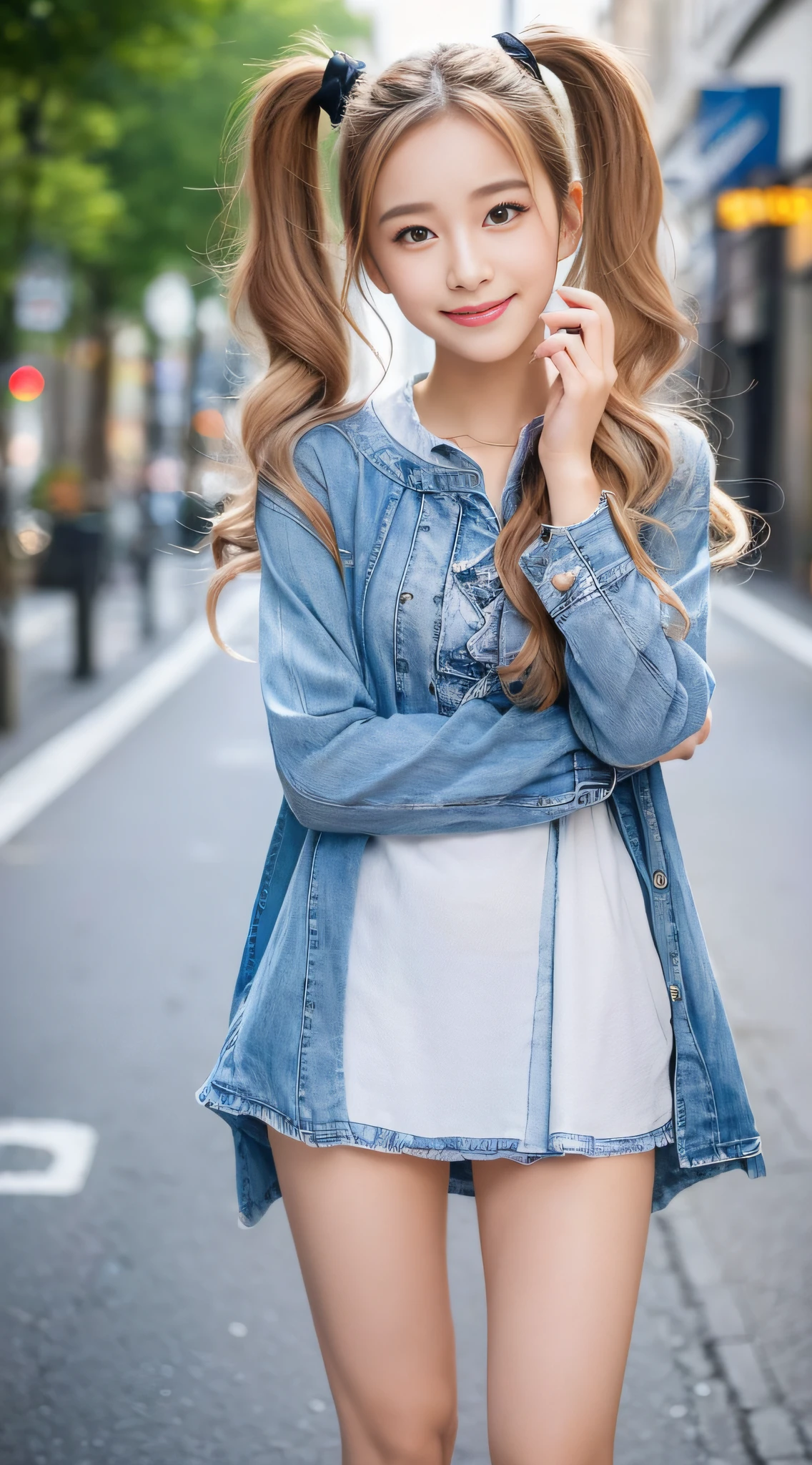((Top Quality, 8k, Masterpiece: 1.3)), 1 Girl, Smile, ((Full Body: 1.3)), Innocent Pose, 360 degree free shooting that captures the whole body, Slim face, Pretty woman, Twin tails, (free hair color), Tunic of free color: 1.1, Tunic above the knee, Simple pattern, Fashionable mule, Ultra detailed face, Fine eyes, Double eyelids, Blurred background, Slim face, City, outside, street
