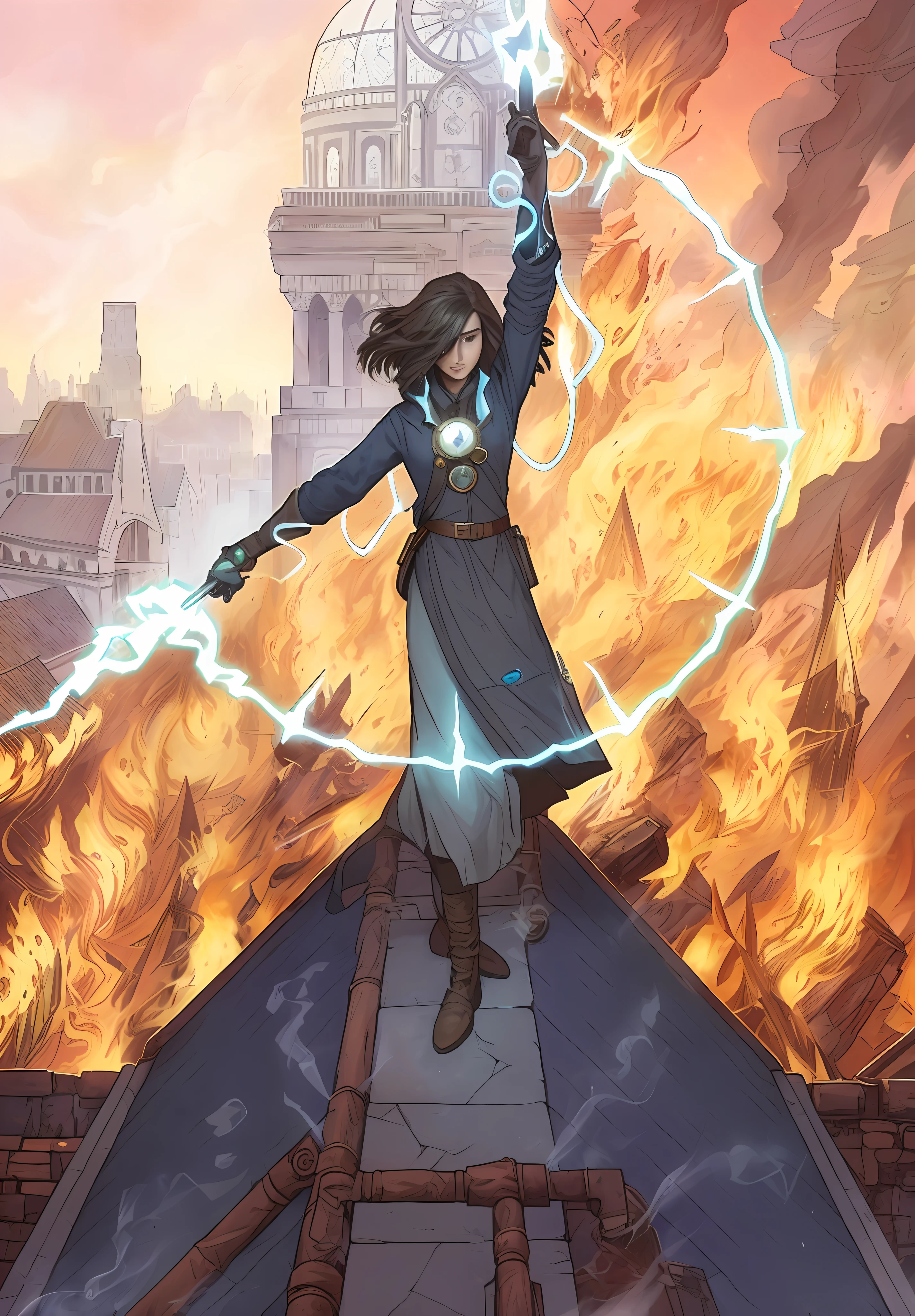 a cartoon of a woman holding a lightning bolt in her hand, steel inquisitor from mistborn, mistborn, kaladin stormblessed, maya ali as a lightning mage, the sorceress casting a fireball, maya ali as a d&d sorcerer, by Noah Bradley, female mage conjuring a spell, an arcane wizard casting a spell --auto --s2