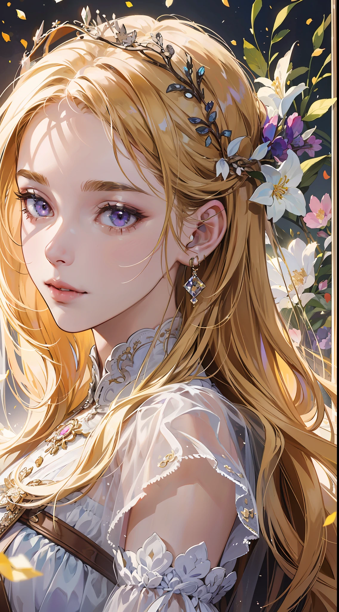 (absurd, high resolution, super detail), 1 girl, adult woman, full body, blonde beautiful long hair, dull bangs, crystal clear purple eyes, fine craftsmanship shining dress, gold beautiful and detailed decoration, fine detail eyes and detailed face, intricate details, BREAK mosaic art, glass pieces, intricate patterns, durable surface, intricate details, enlarged texture, stunning clarity, hidden beauty , immersive perspective BREAK, artisanal works, handmade goods, unique designs, intricate details, creative expression, skilled craftsmanship, looking towards the viewer, whole body, (masterpiece)))), (highest quality)))), ((ultra-detailed)), (illustration))), (detail light), ((very delicate and beautiful)), (beautiful detail eyes), (lighting drop reflection), HDR, Background super detailed petals, exquisite lighting and shadows, very dramatic images, cinematic lenses, charming smile, one woman, background is a medieval European aristocratic castle (excellent detail, good lighting, wide angle), (excellent rendering, enough to stand out in it), class, solo, confetti, looking towards the viewer, close-up full body, beautiful detail hairstyle and beautiful detail hair accessories , colorful light refraction, light particles,