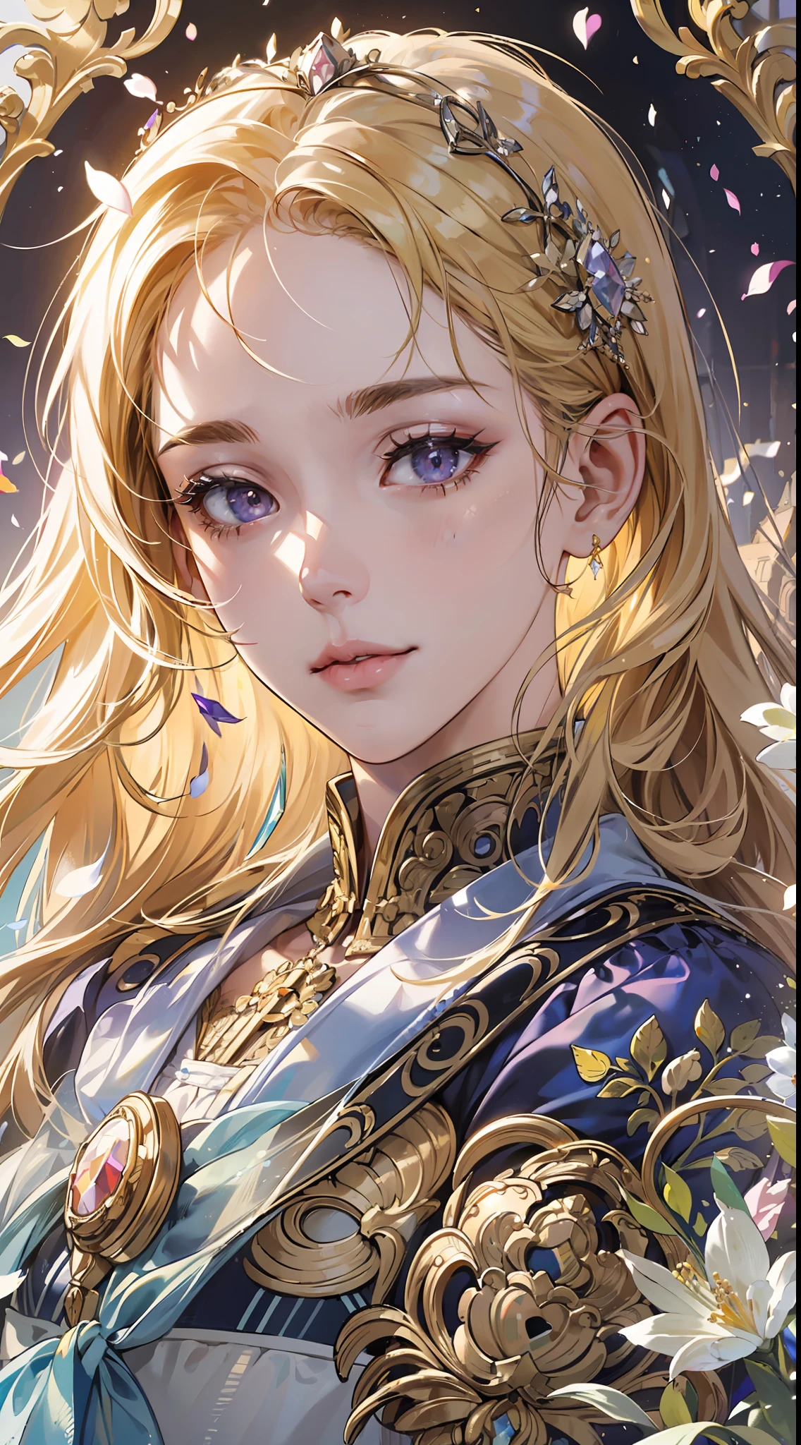 (absurd, high resolution, super detail), 1 girl, adult woman, full body, blonde beautiful long hair, dull bangs, crystal clear purple eyes, fine craftsmanship shining dress, gold beautiful and detailed decoration, fine detail eyes and detailed face, intricate details, BREAK mosaic art, glass pieces, intricate patterns, durable surface, intricate details, enlarged texture, stunning clarity, hidden beauty , immersive perspective BREAK, artisanal works, handmade goods, unique designs, intricate details, creative expression, skilled craftsmanship, looking towards the viewer, whole body, (masterpiece)))), (highest quality)))), ((ultra-detailed)), (illustration))), (detail light), ((very delicate and beautiful)), (beautiful detail eyes), (lighting drop reflection), HDR, Background super detailed petals, exquisite lighting and shadows, very dramatic images, cinematic lenses, charming smile, one woman, background is a medieval European aristocratic castle (excellent detail, good lighting, wide angle), (excellent rendering, enough to stand out in it), class, solo, confetti, looking towards the viewer, close-up full body, beautiful detail hairstyle and beautiful detail hair accessories , colorful light refraction, light particles,