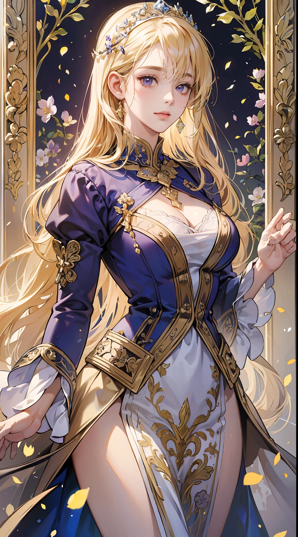 (absurd, high resolution, super detail), 1 girl, adult woman, full body, blonde beautiful long hair, dull bangs, crystal clear purple eyes, fine craftsmanship shining dress, gold beautiful and detailed decoration, fine detail eyes and detailed face, intricate details, BREAK mosaic art, glass pieces, intricate patterns, durable surface, intricate details, enlarged texture, stunning clarity, hidden beauty , immersive perspective BREAK, artisanal works, handmade goods, unique designs, intricate details, creative expression, skilled craftsmanship, looking towards the viewer, whole body, (masterpiece)))), (highest quality)))), ((ultra-detailed)), (illustration))), (detail light), ((very delicate and beautiful)), (beautiful detail eyes), (lighting drop reflection), HDR, Background super detailed petals, exquisite lighting and shadows, very dramatic images, cinematic lenses, charming smile, one woman, background is a medieval European aristocratic castle (excellent detail, good lighting, wide angle), (excellent rendering, enough to stand out in it), class, solo, confetti, looking towards the viewer, close-up full body, beautiful detail hairstyle and beautiful detail hair accessories , colorful light refraction, light particles,