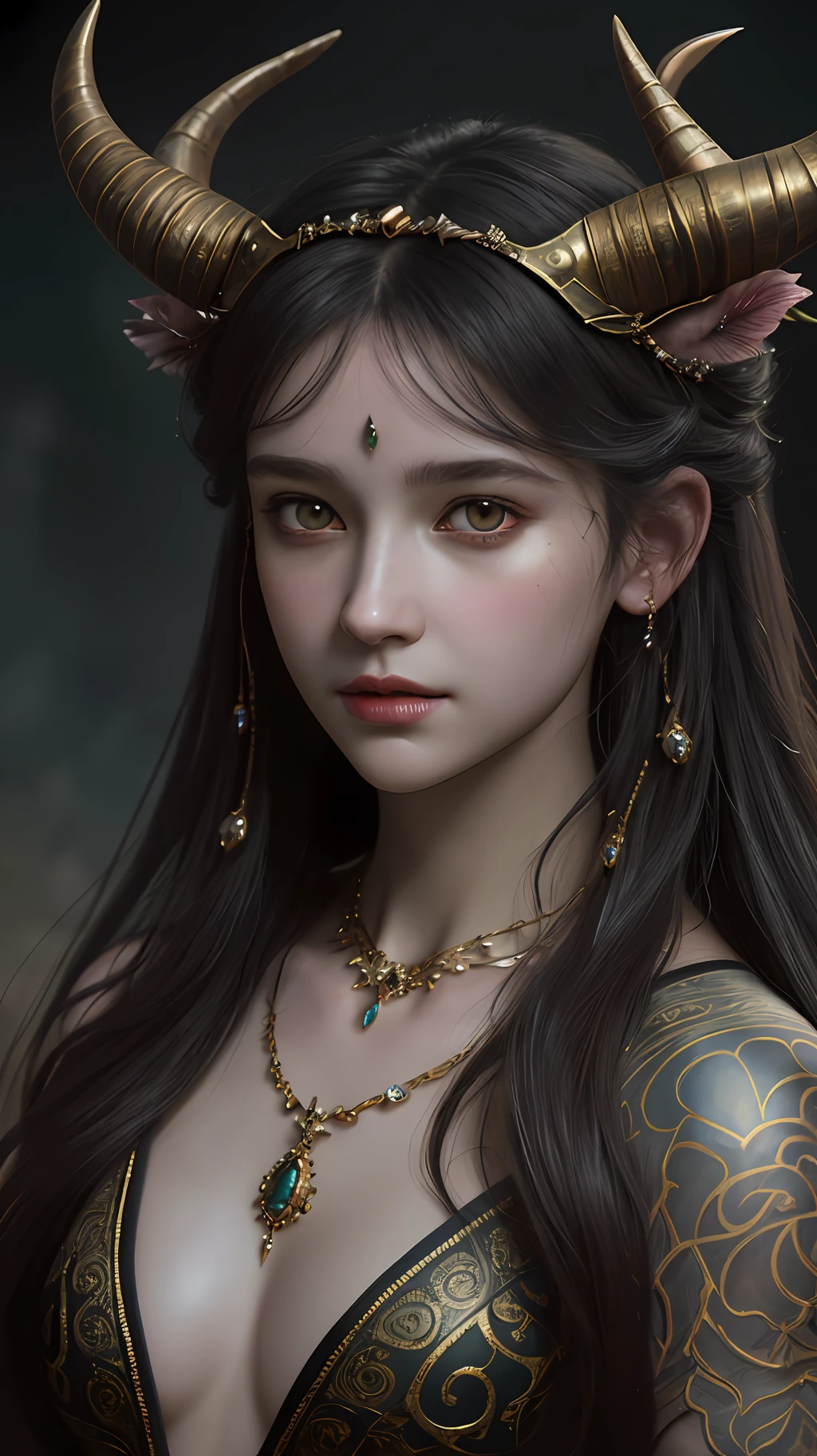 Beautiful photorealistic photograph of beautiful demon girl wearing delicate intricate jewelry chains, small horns, golden eyes, huge breasts, dynamic pose, ethereal background, abstract beauty, approaching perfection, pure form, concept art, by Brian Froud and Carne Griffiths and Wadim Kashin and John William Waterhouse, intricate details, 8k post production, high resolution, hyperdetailed, trending on artstation, sharp focus, studio photo, intricate details, highly detailed, by greg rutkowski