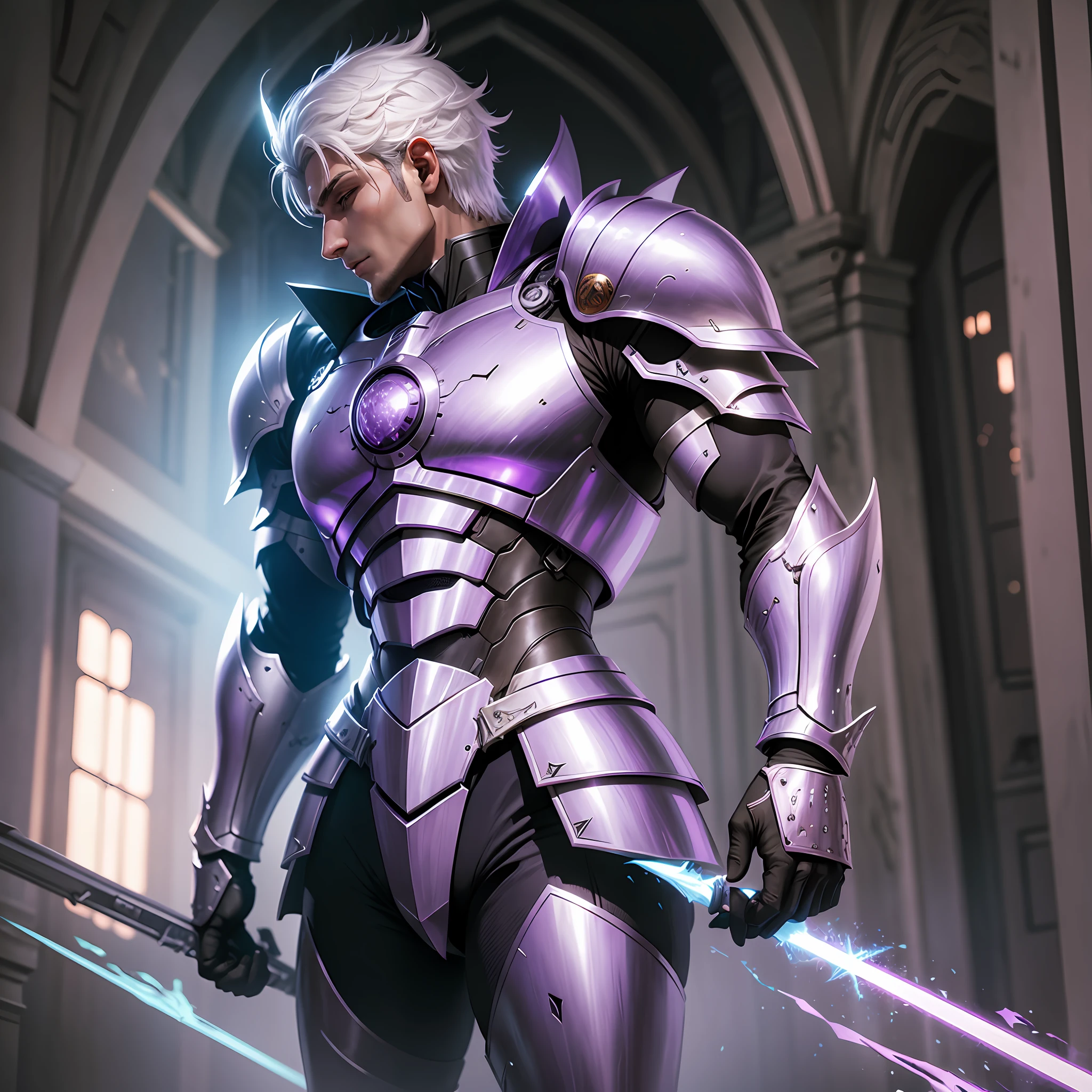 Knight, Ultrabright, Sci-fi, Ethereal Fantasy, man, purple armor, profile position