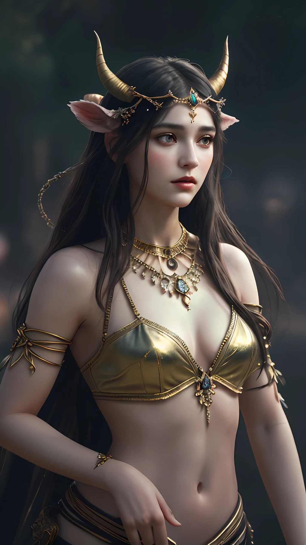 Beautiful photorealistic photograph of beautiful demon girl wearing delicate intricate jewelry chains, small horns, golden eyes, huge breasts, dynamic pose, ethereal background, abstract beauty, approaching perfection, pure form, concept art, by Brian Froud and Carne Griffiths and Wadim Kashin and John William Waterhouse, intricate details, 8k post production, high resolution, hyperdetailed, trending on artstation, sharp focus, studio photo, intricate details, highly detailed, by greg rutkowski