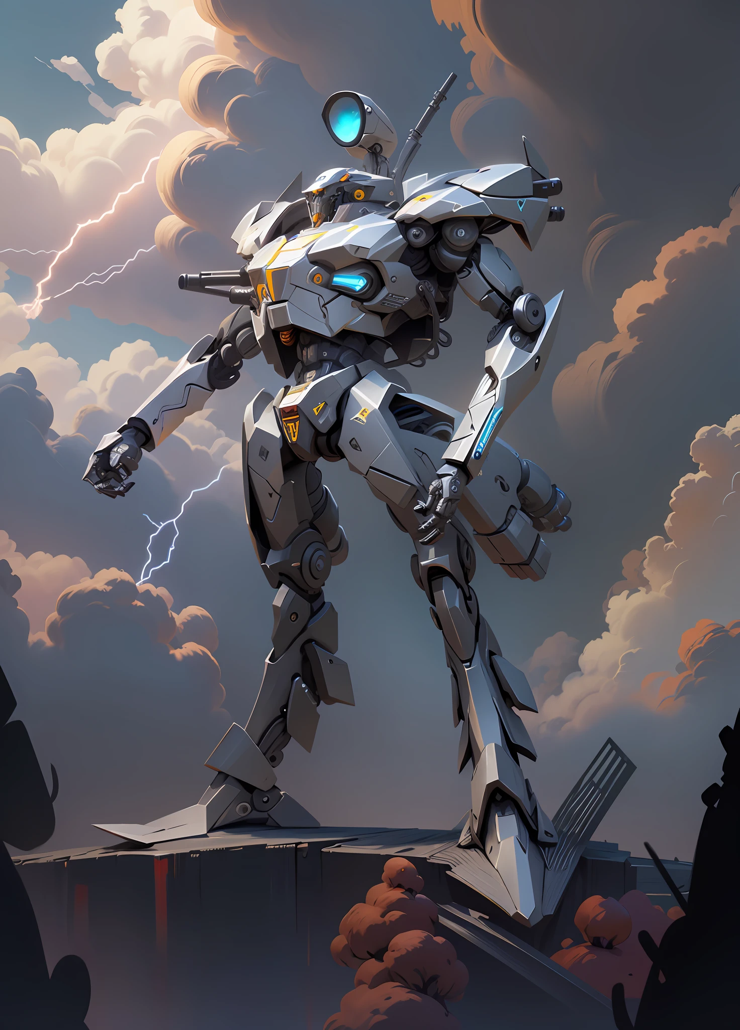 Masterpiece, best quality), intricate details, lightning crank, robots, cyborgs, retro-futuristic AI, Tesla coils, electrical, cable, wiring, pistons, mechanics, computers, drawings of robots with guns in hand, giant humanoid mechs