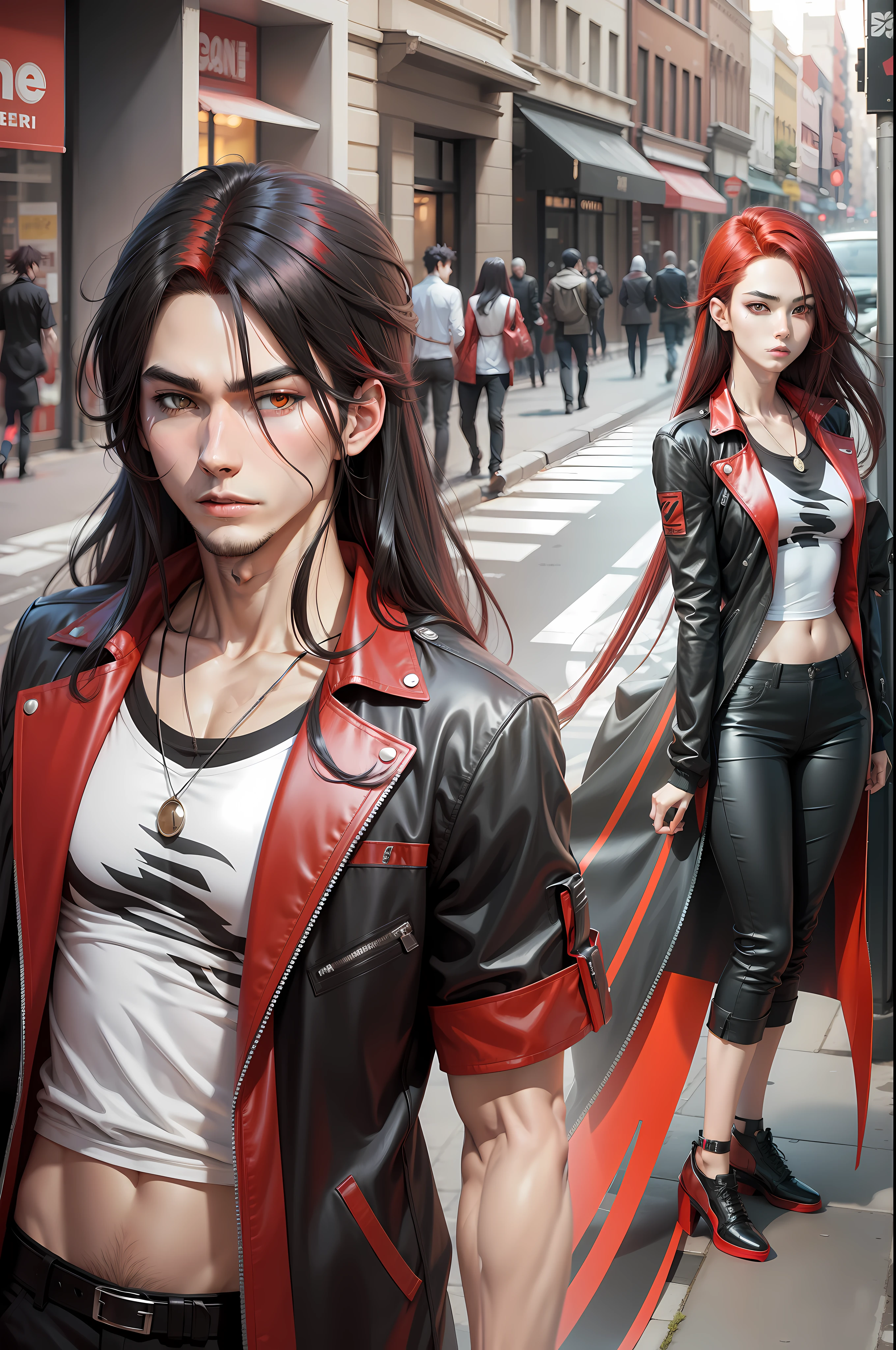 Anime character in elegeant modern outfit, (black and red hair), long hair, men, street