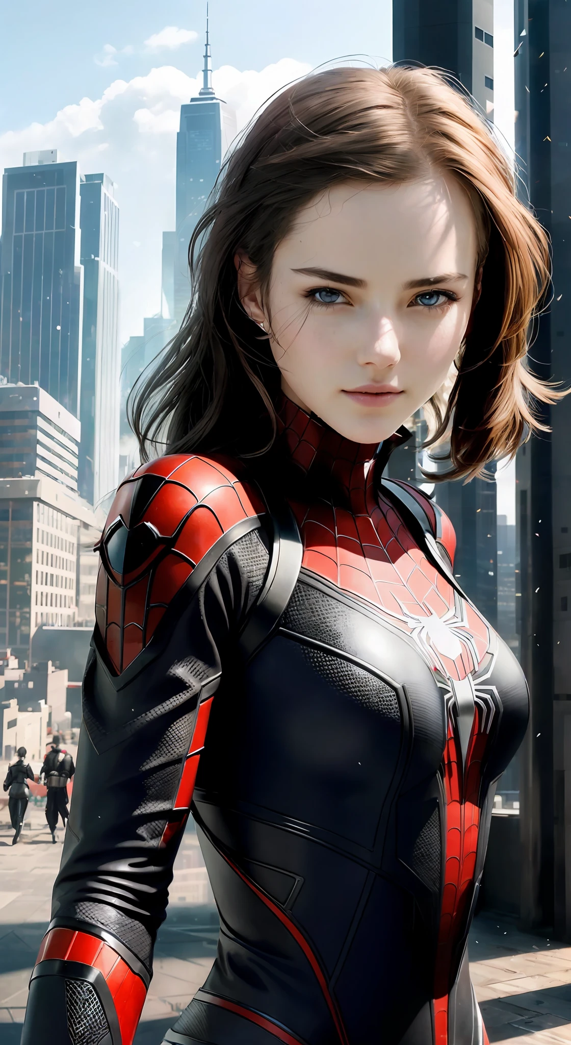 (1girl:1.3), Solo, (((Very detailed face)))), ((Very detailed eyes and face)))), Beautiful detail eyes, Body parts__, Official art, Unified 8k wallpaper, Super detailed, beautiful and beautiful, beautiful, masterpiece, best quality, original, masterpiece, super fine photo, best quality, super high resolution, realistic realism, sunlight, full body portrait, amazing beauty, dynamic pose, delicate face, vibrant eyes, (from the front), She wears Spider-Man suit, red and black color scheme, spider, very detailed city roof background, rooftop, overlooking the city, detailed face, detailed complex busy background, messy, gorgeous, milky white, highly detailed skin, realistic skin details, visible pores, clear focus, volumetric fog, 8k uhd, DSLR, high quality, film grain, fair skin, photo realism, lomography, futuristic dystopian megalopolis, translucent