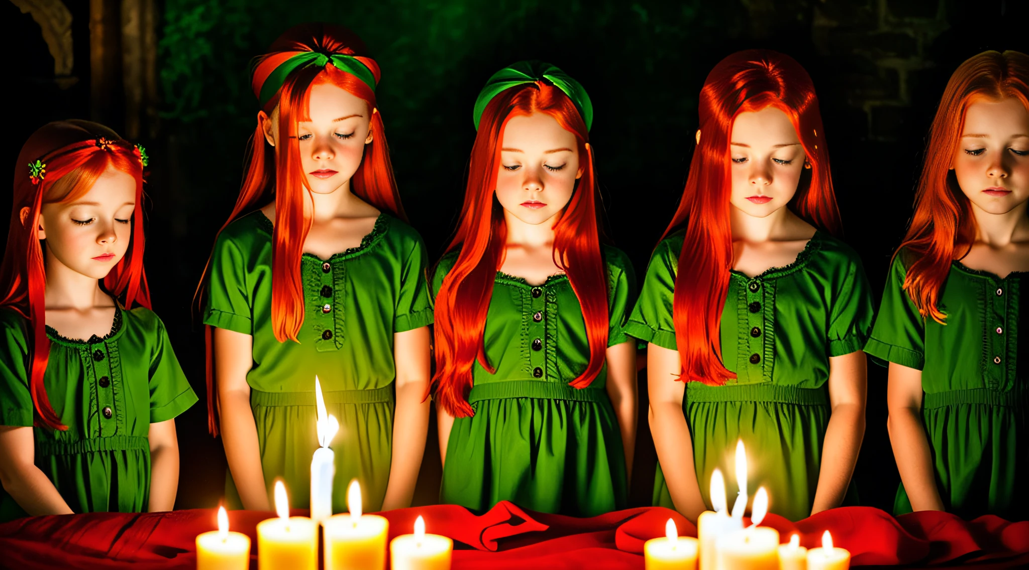 girl children REDHEADS WITH STRAIGHT HAIR ON HEAD TIES GREEN COLOR, PRAYING, RED BACKGROUND, CANDLES WITH FIRE.