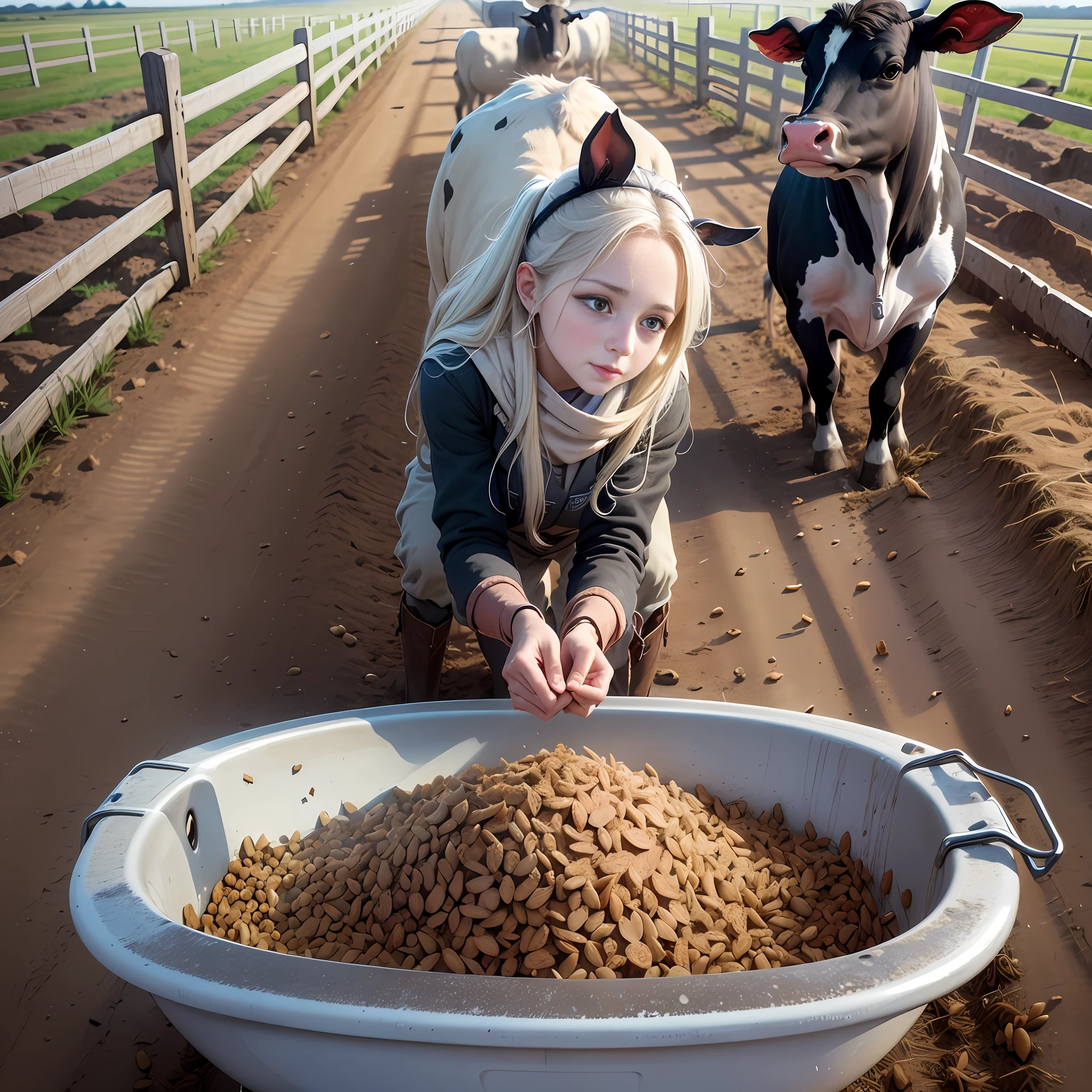 the image vividly and realistically portrays the importance of feed troughs in the nutrition and care of bovines on a farm. They represent the commitment to providing quality food for the animals and contribute to responsible and successful livestock farming. --auto --s2