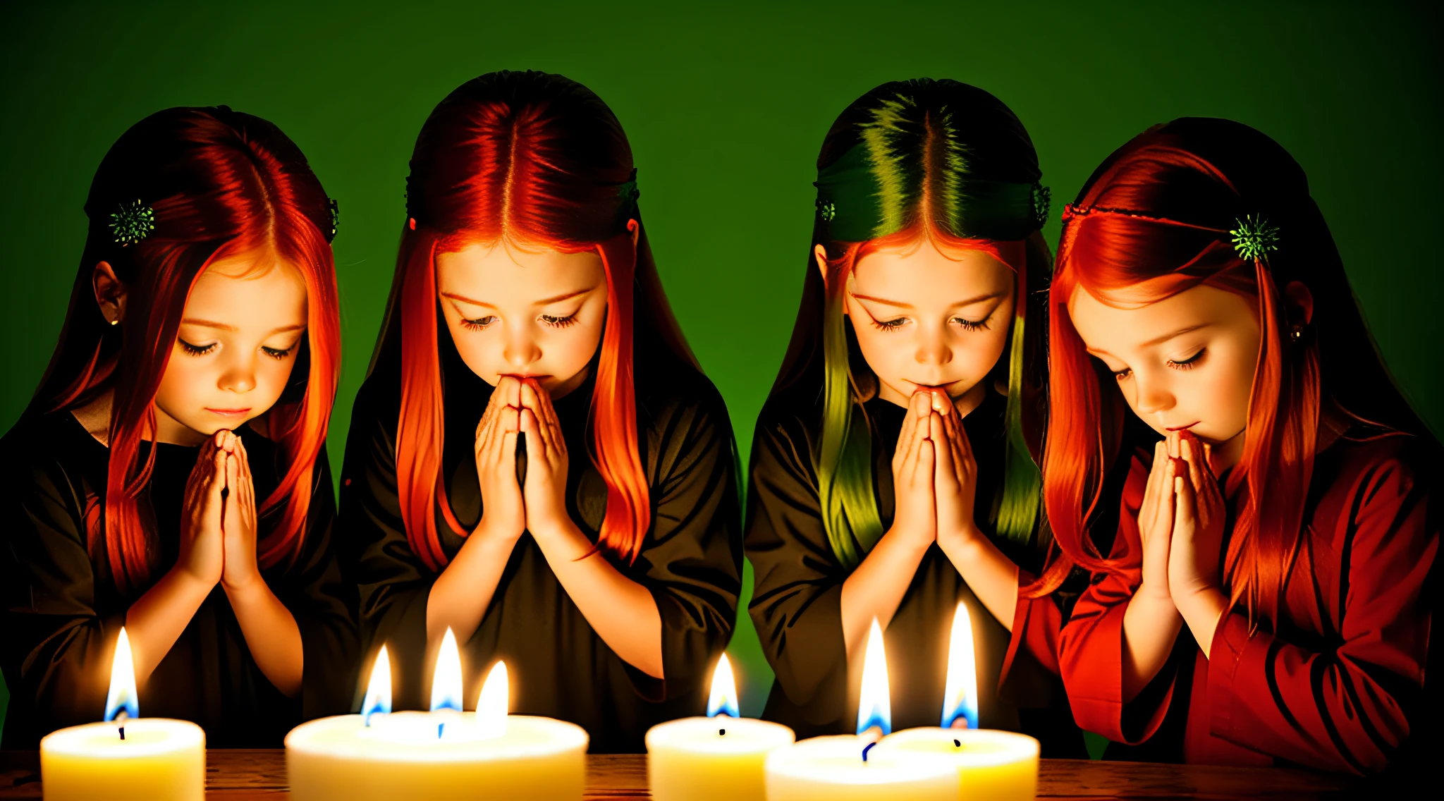 girl children REDHEADS WITH STRAIGHT HAIR ON HEAD TIES GREEN COLOR, PRAYING, RED BACKGROUND, CANDLES WITH FIRE.