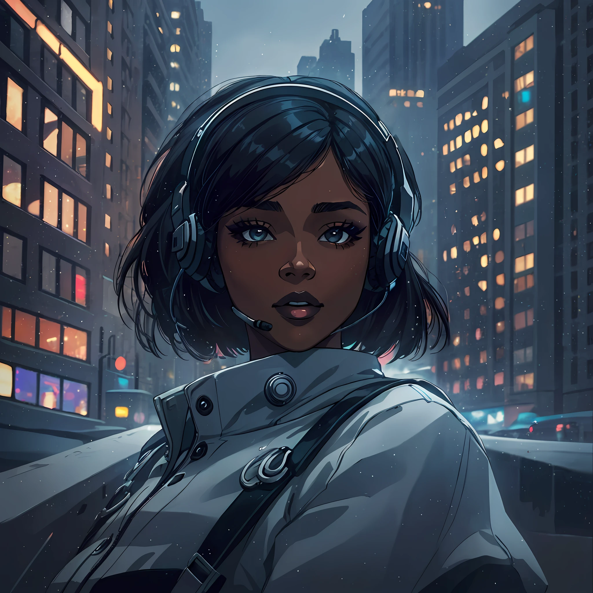 (a young woman:1.2)| (a girl:1.1), dark skin, portrait, makeup, super detailed, Noir style, headset, city, direct look, contoured.