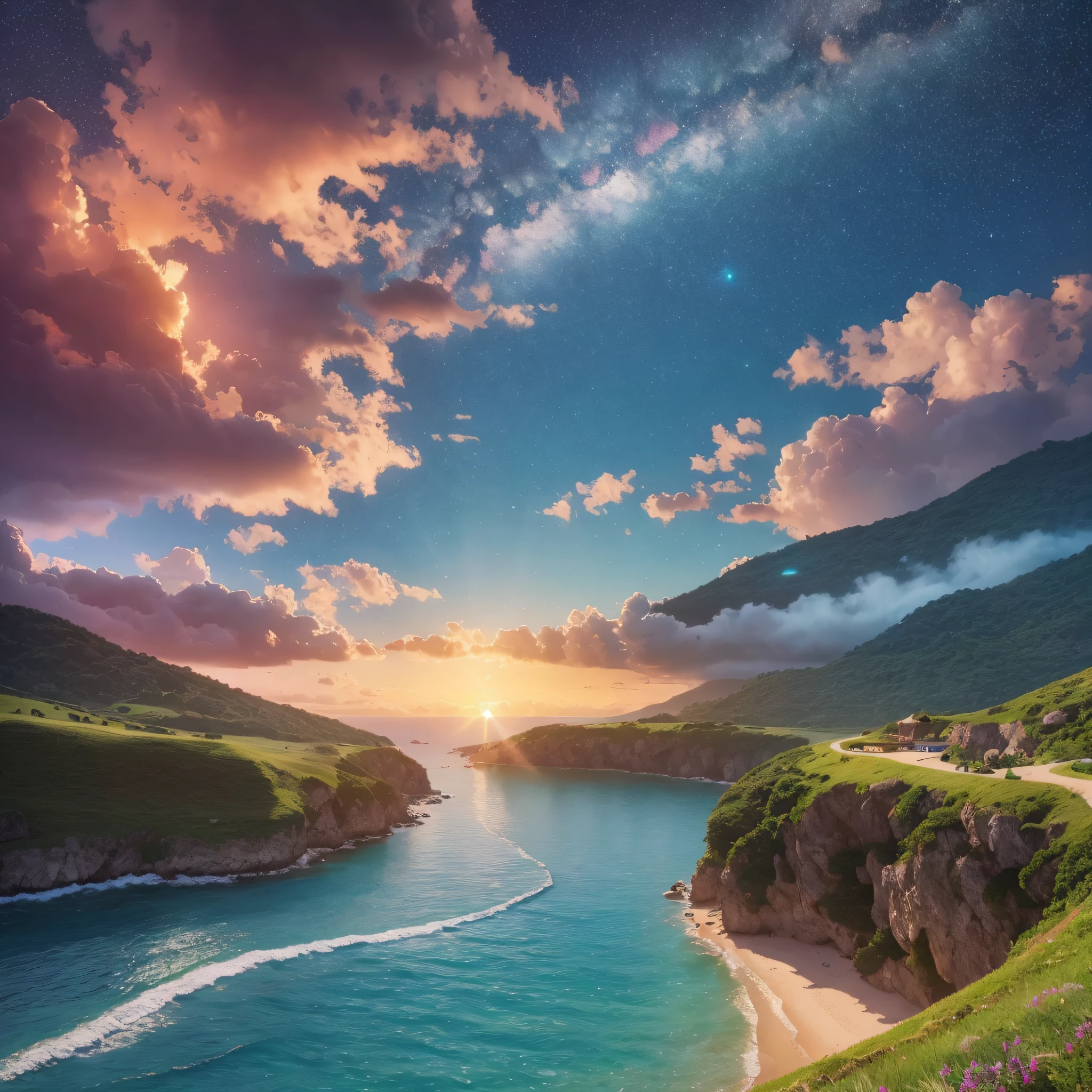 Masterpiece, 4K, magical sunset scenery in the green round mountains next to the sea, starry sky, ultra-realistic texture, dramatic lighting, makoto shinkai style, 6 colored lenses --auto --s2