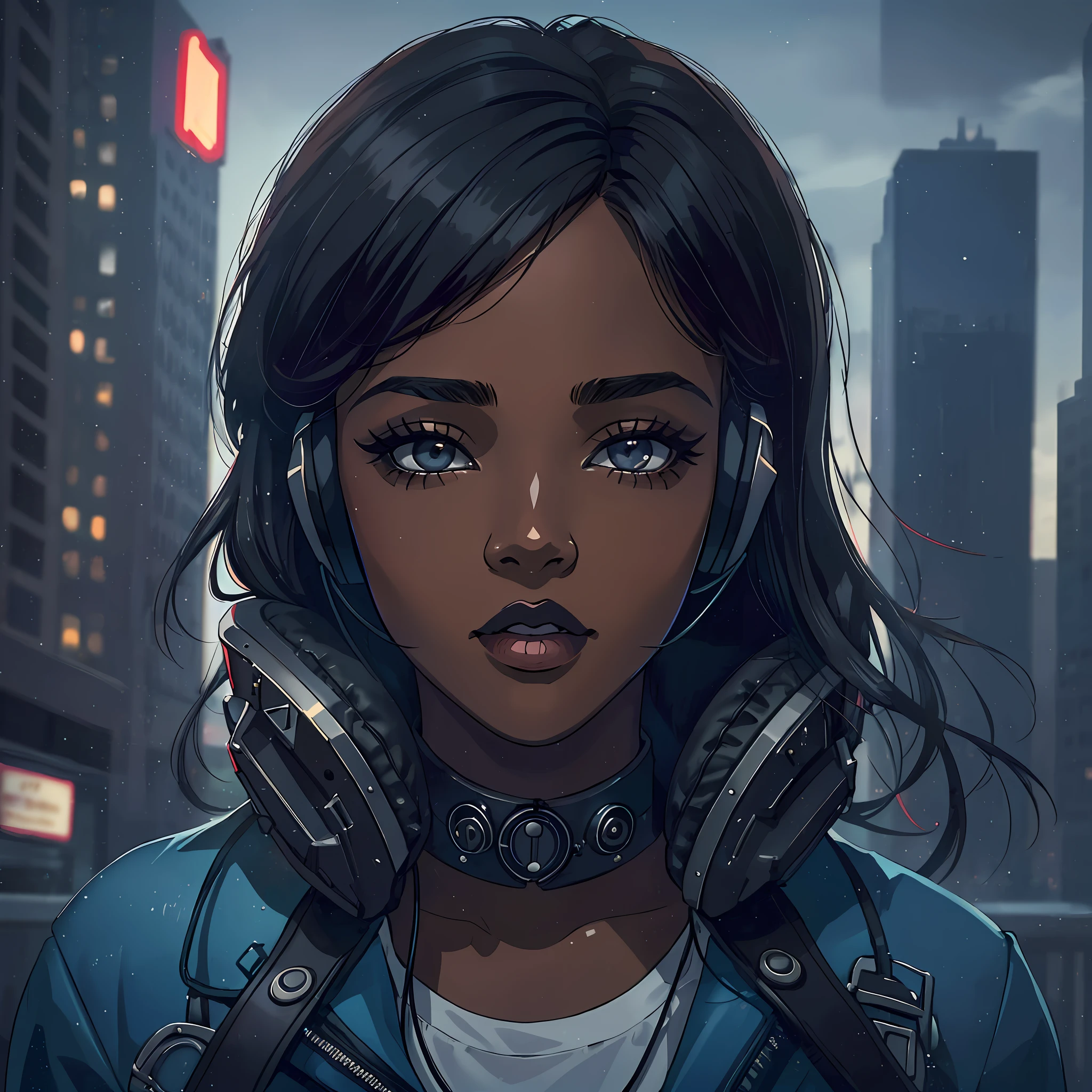 (a young woman:1.2)| (a girl:1.1), dark skin, portrait, makeup, super detailed, Noir style, headset, city, direct look, contoured.