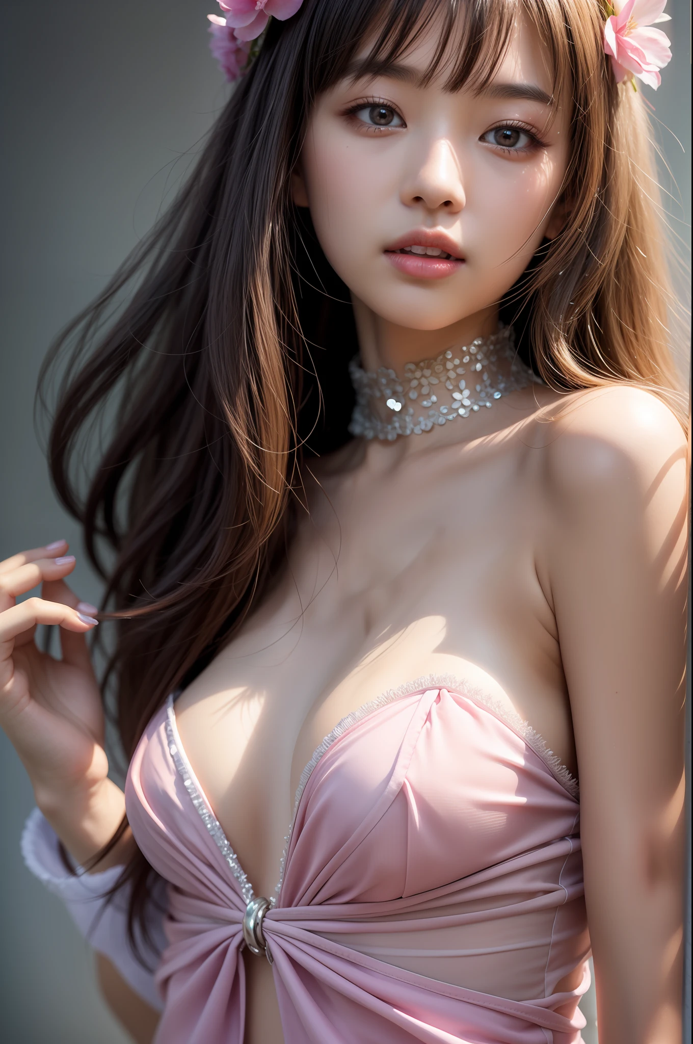 Fashion trendy beautiful, gentle and charming Taiwanese lady, (jpop idol), (big breasts), (areolas slip), delicate and sexy collarbone, oval face, double eyelids, smart peach blossom eyes, pink lips, small nose, bare shoulders, focus on the face, close-up of the face, Ultra-high-definition, super-detailed, full-body photo, ultra-thin and light-transmitting, Platinum((strapless))minidress, sleeveless, fresh and good, and (see through, sheer fabrics:1.05), (NSFW:1.05)